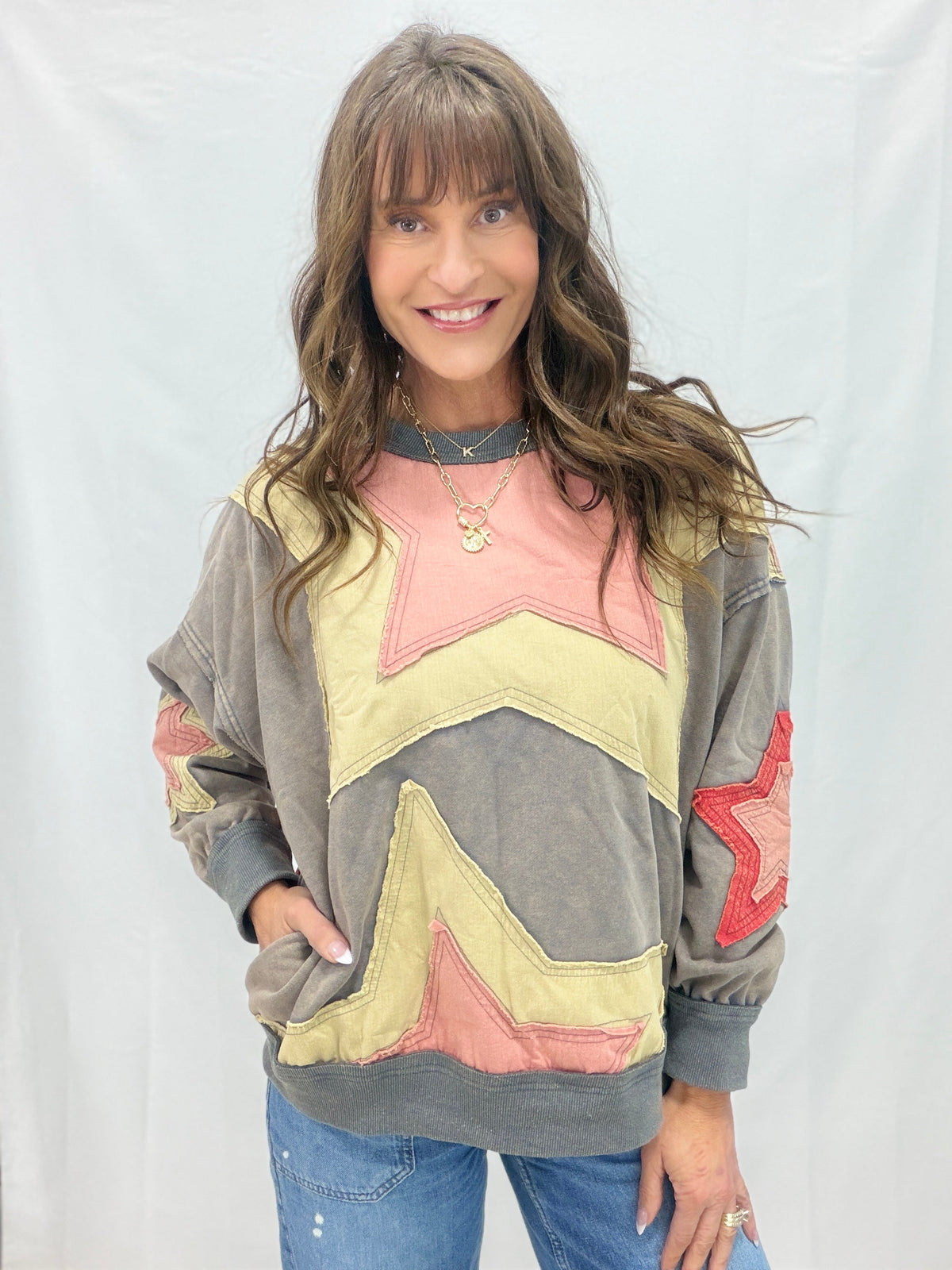 Oli & Hali Now Or Never Washed Star Patch Pullover Top In 2 Colors
