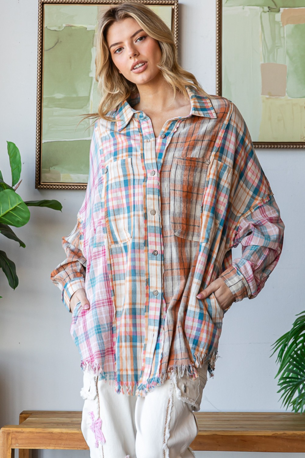 Oli & Hali All Mixed Up Plaid Button Down Top In Pink