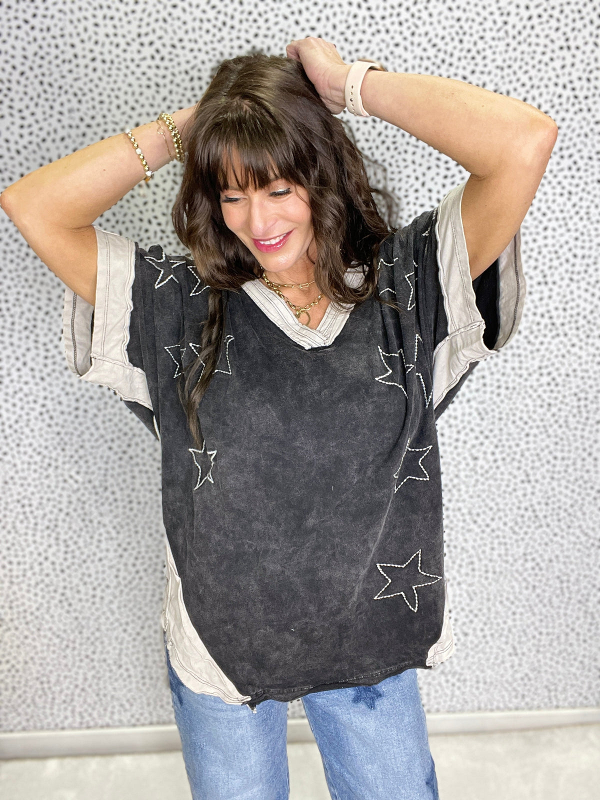 You Make A Wish Mineral Washed V-Neck Star Stitch Tunic In 2 Colors *Final Sale*