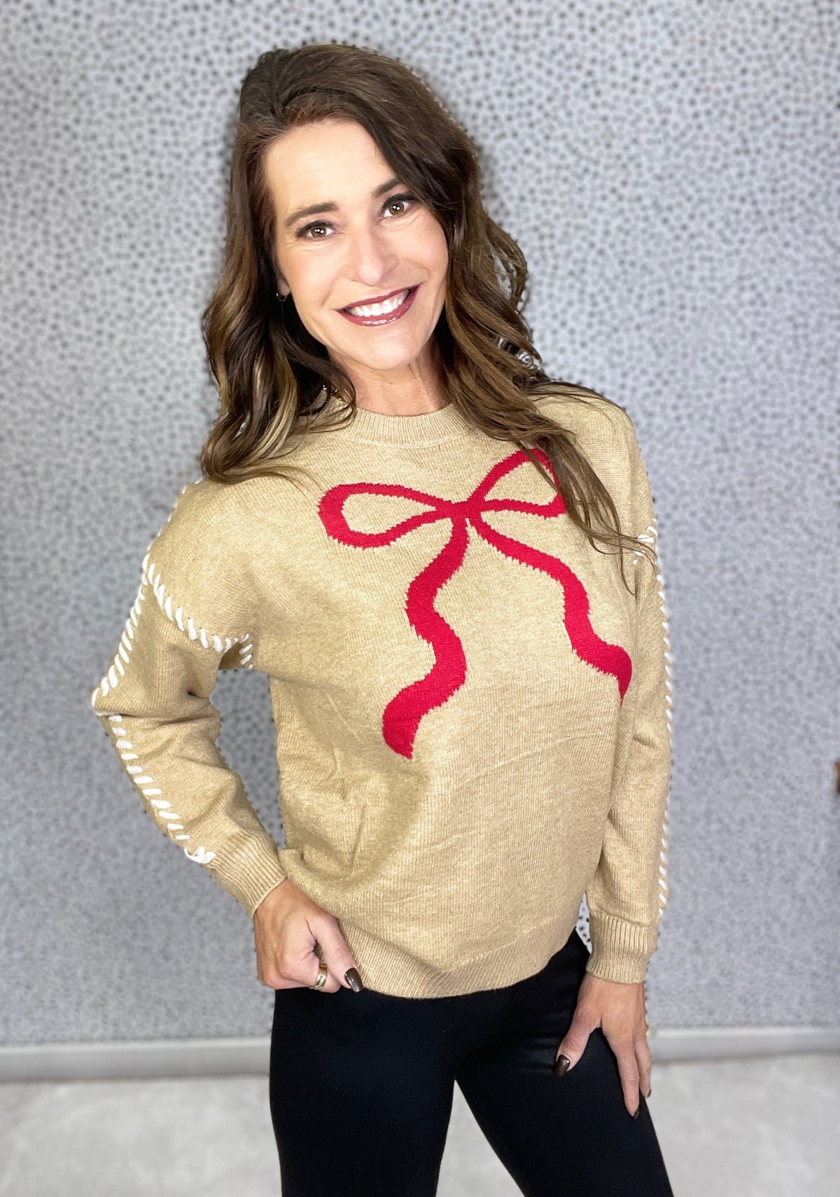 Sweet Time Ribbon And Stitching Detail Sweater In Taupe *Final Sale*