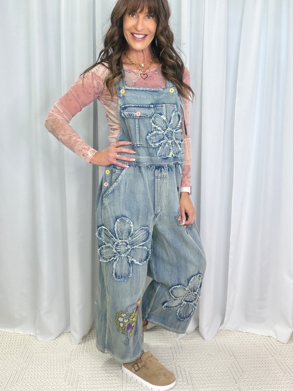 Flower Patchwork Overalls In Denim