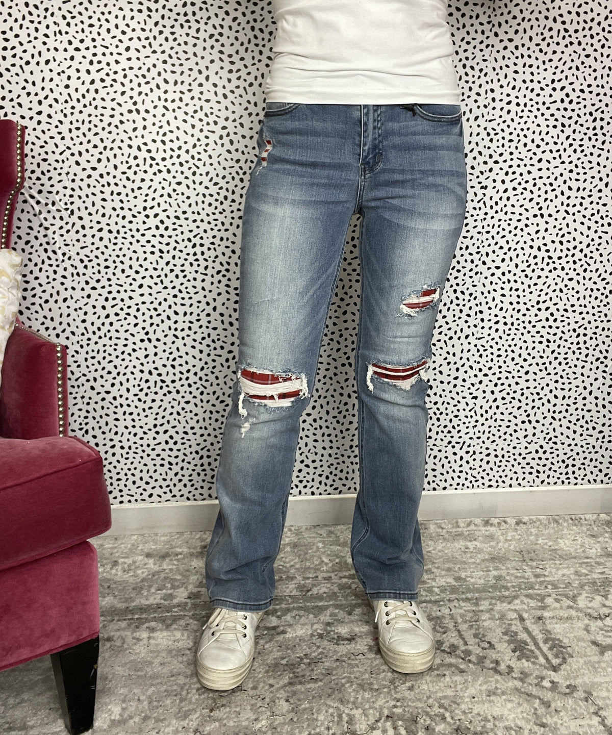 Judy Blue Holly Plaid Patch Boot Cut Jeans 696