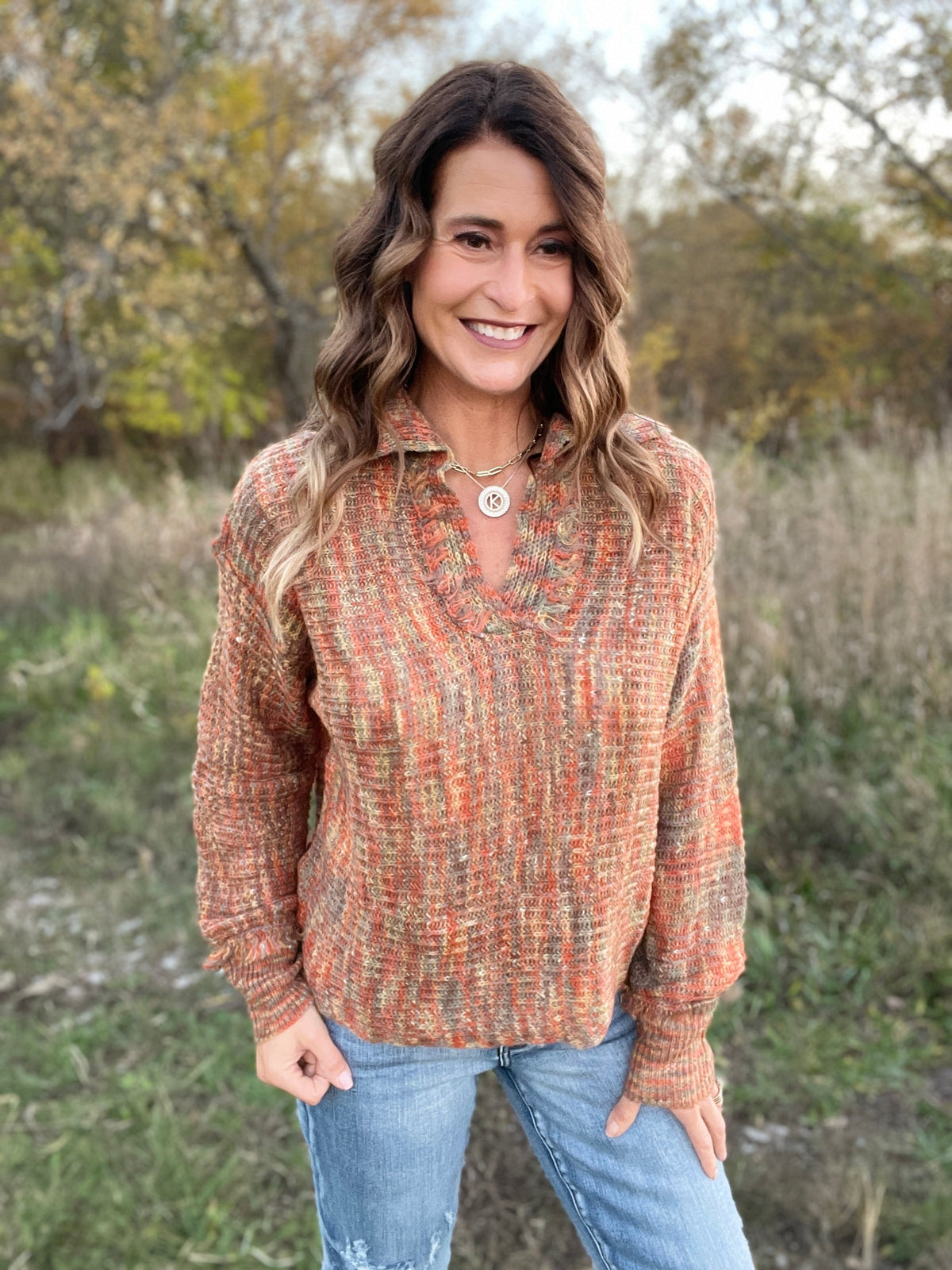 Blissful Amber & Olive V Neck Collared Knit Sweater *Final Sale*