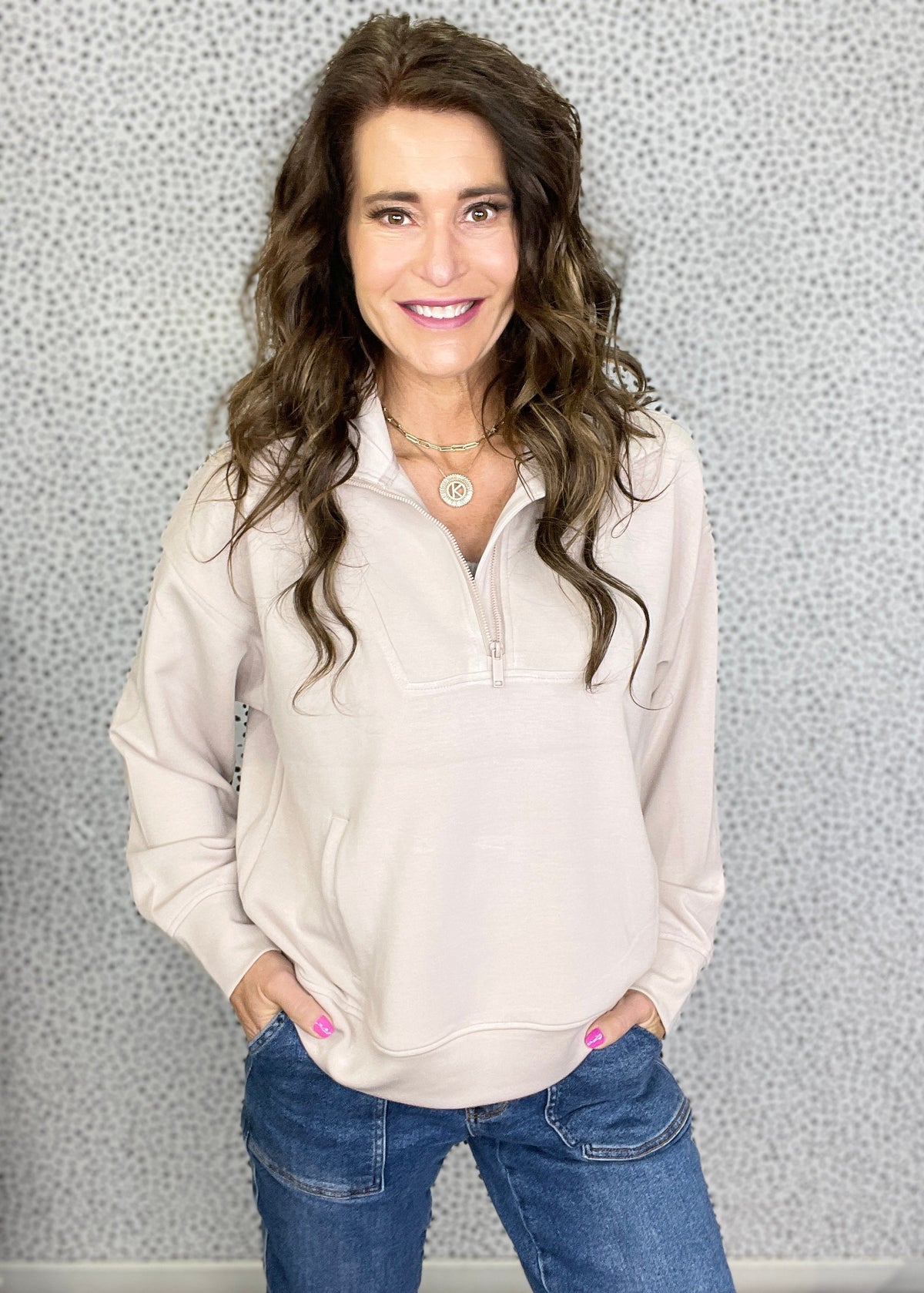 Urban Charm Scuba Quarter Zip Jacket In Mocha Cream