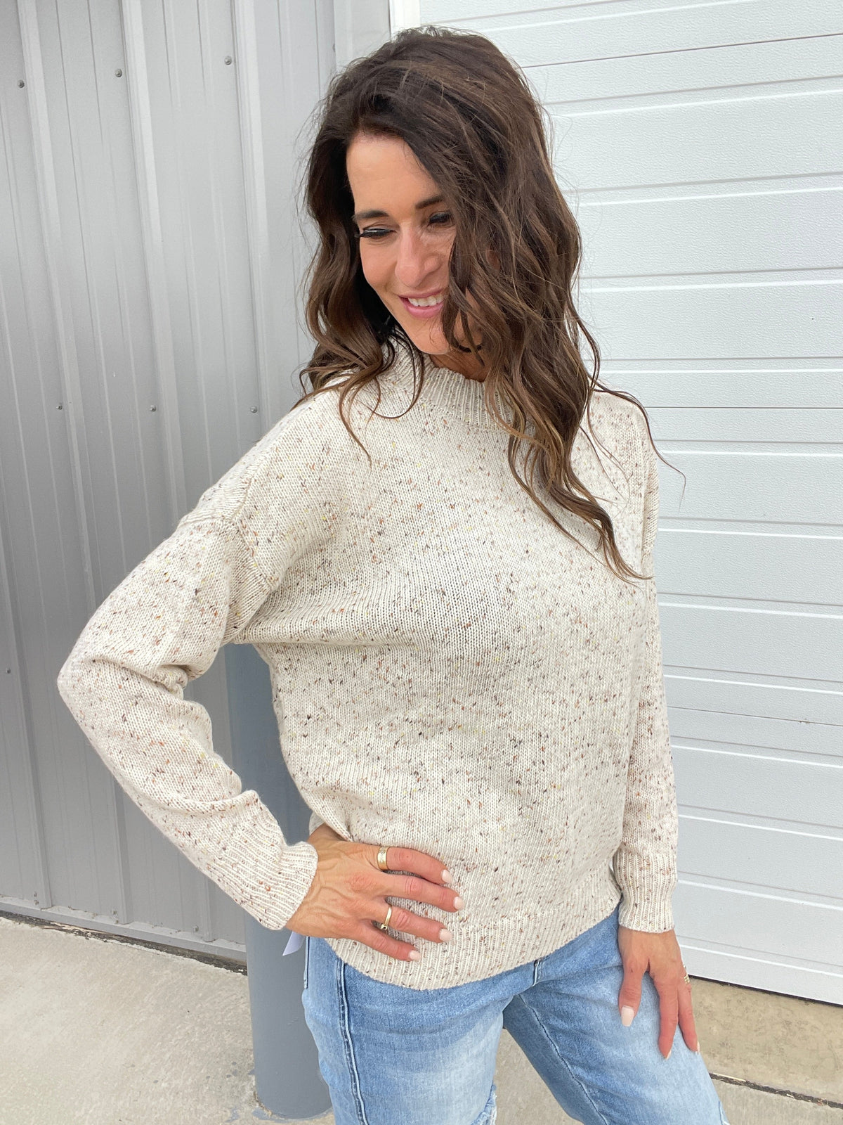 Give In Long Sleeve Speckled Sweater In 2 Colors: Oatmeal, Brown