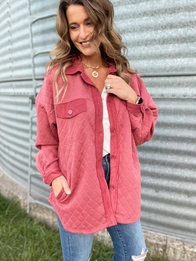 All I Need Oversized Quilted Knit Shacket In Marsala *Final Sale*