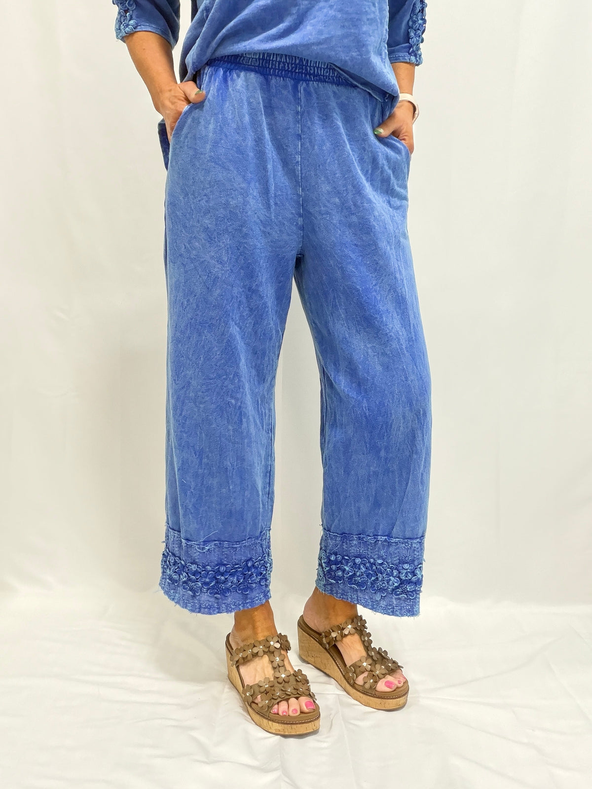 Petal Pusher Mineral Washed Floral Trim Lounge Pants in 3 Colors