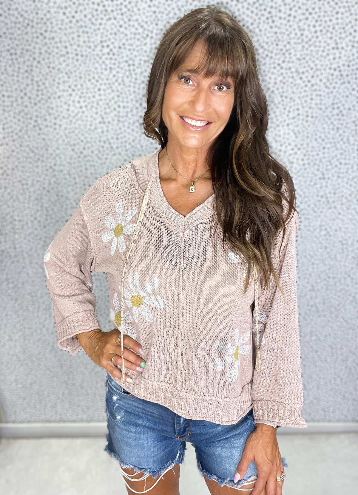 POL Summer Flower Lightweight Sweater Hoodie in Taupe