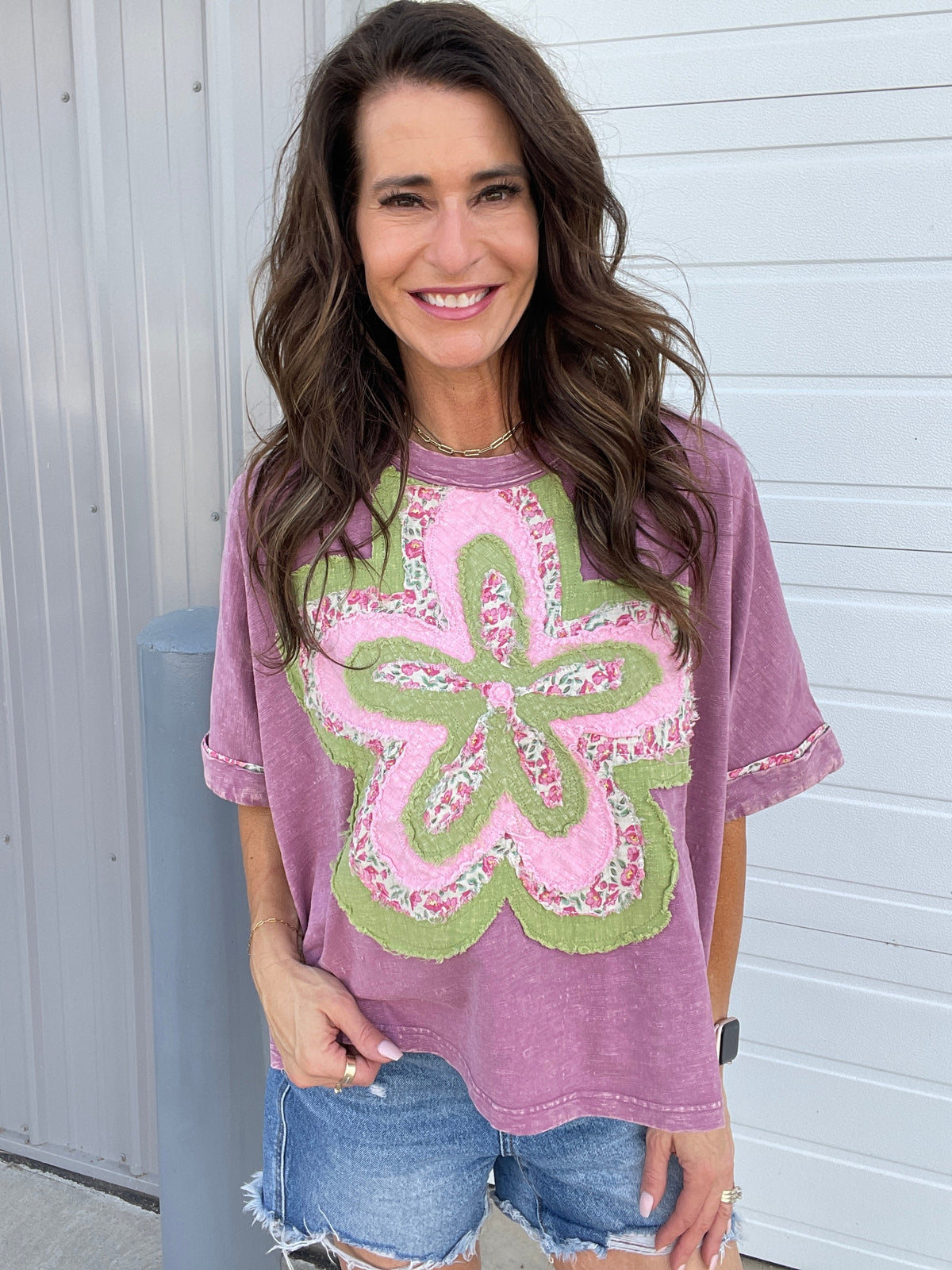 Bloom With Love Flower Patch Top In 6 Colors: Cream, Khaki, Slate, Magenta, Green, Pink *Final Sale*