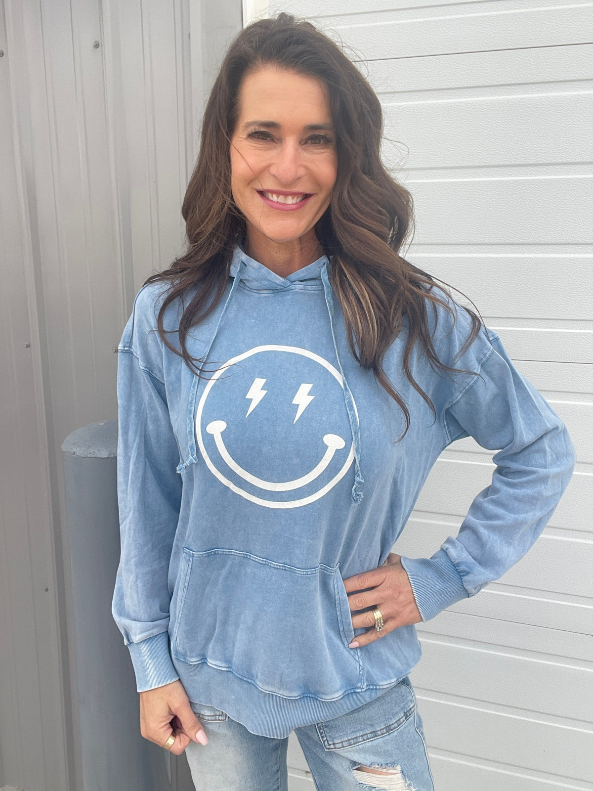 Happy All Around Mineral Washed Hoodie In 4 Colors: Camel, Coral, Smoke, Blue *Final Sale*