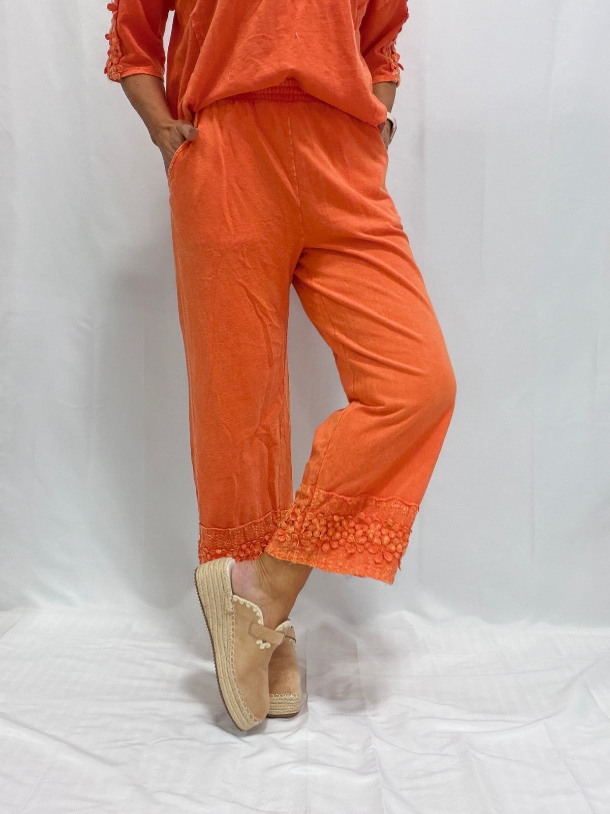 Petal Pusher Mineral Washed Floral Trim Lounge Pants in 3 Colors