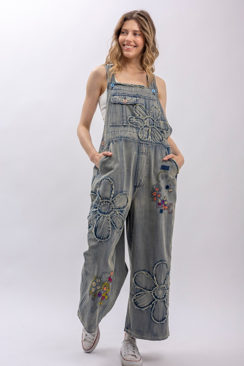 Flower Patchwork Overalls In Denim