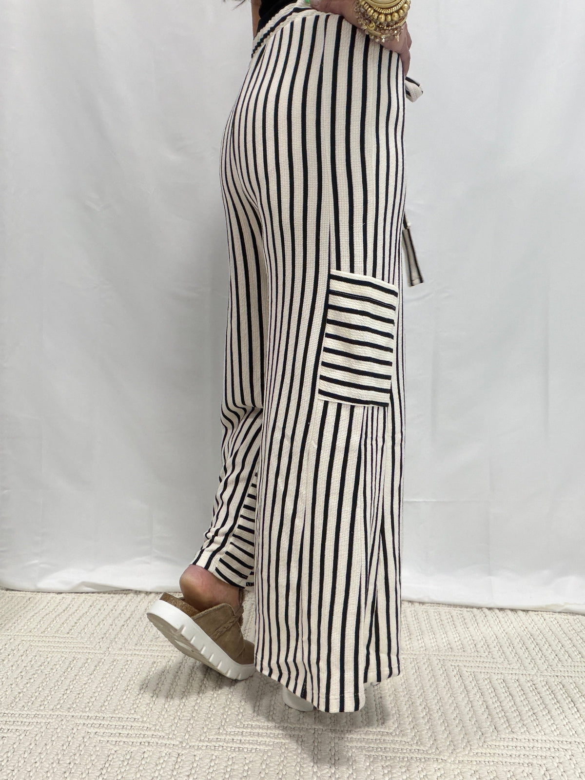 It'll Steal Your Breath Wide Leg Pants In White/Black Stripe