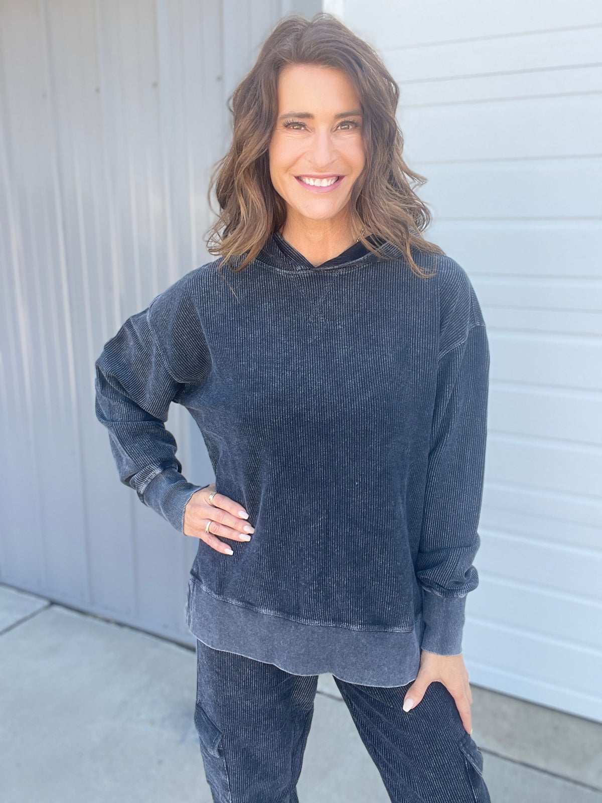 Snow Washed Corded Hoodie In 3 Colors: Black, Light Mocha, Light Purple