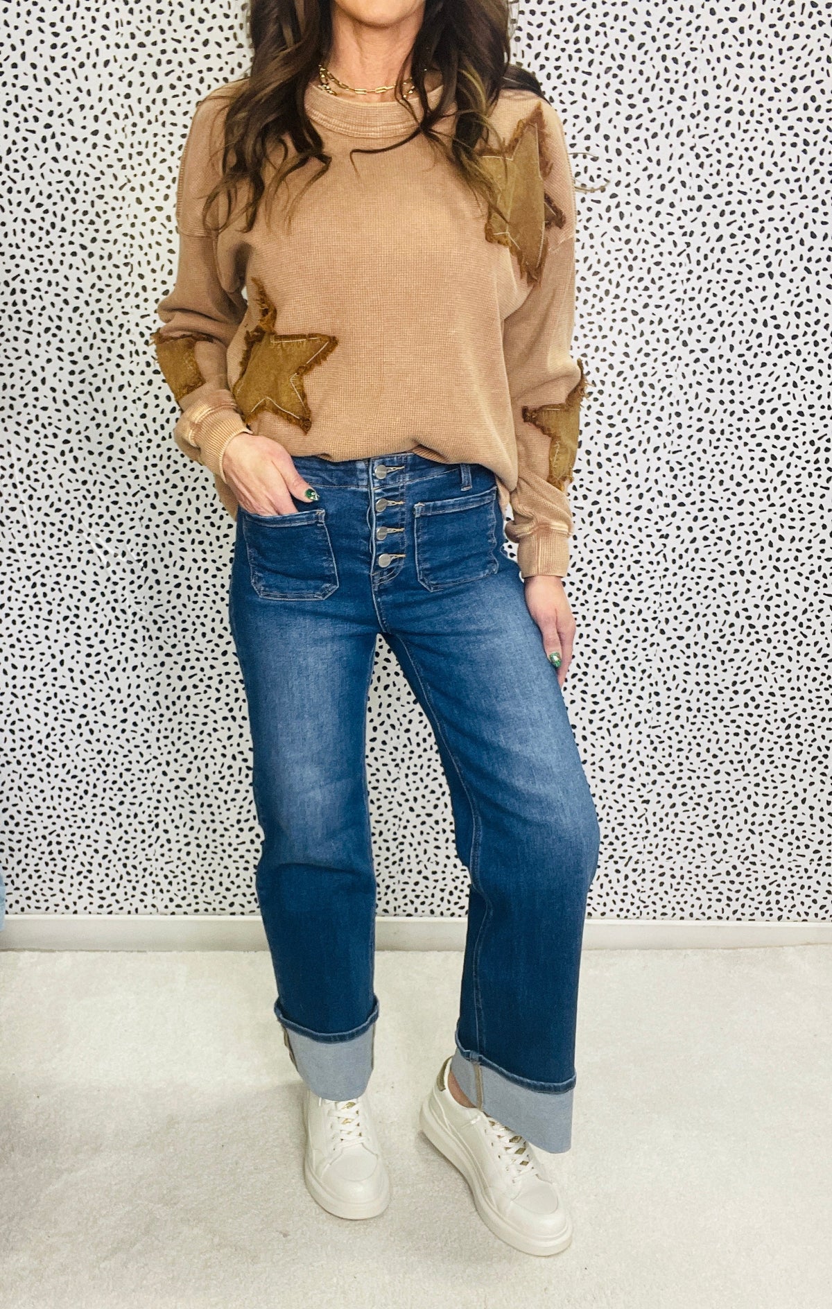 Risen Cindy High Rise Wide Bottom Button Down Front Patch Pocket Cuffed Jeans 965