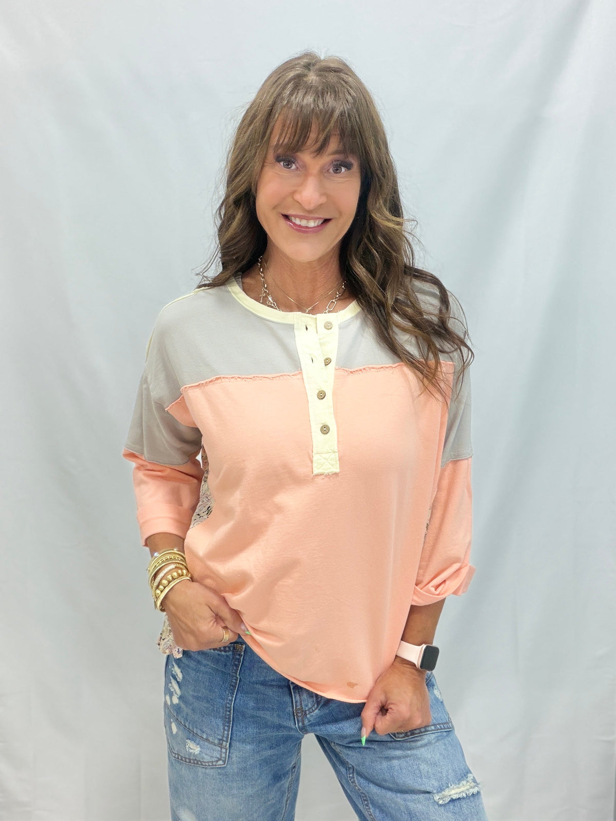 Boho Bliss Print Mix Color Block Terry Knit Henley In 3 Colors