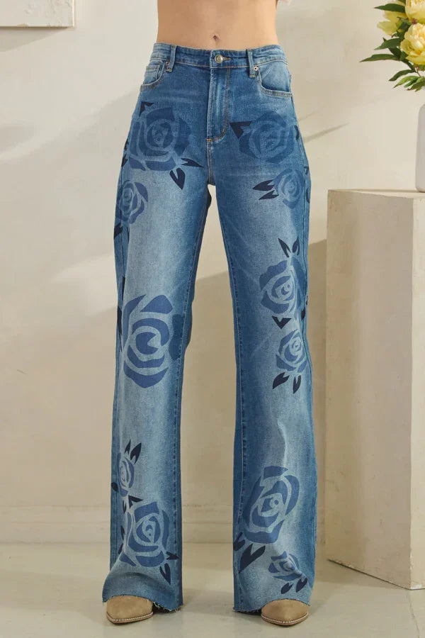 Oli & Hali Washed Denim Rose Print Jeans *Final Sale*