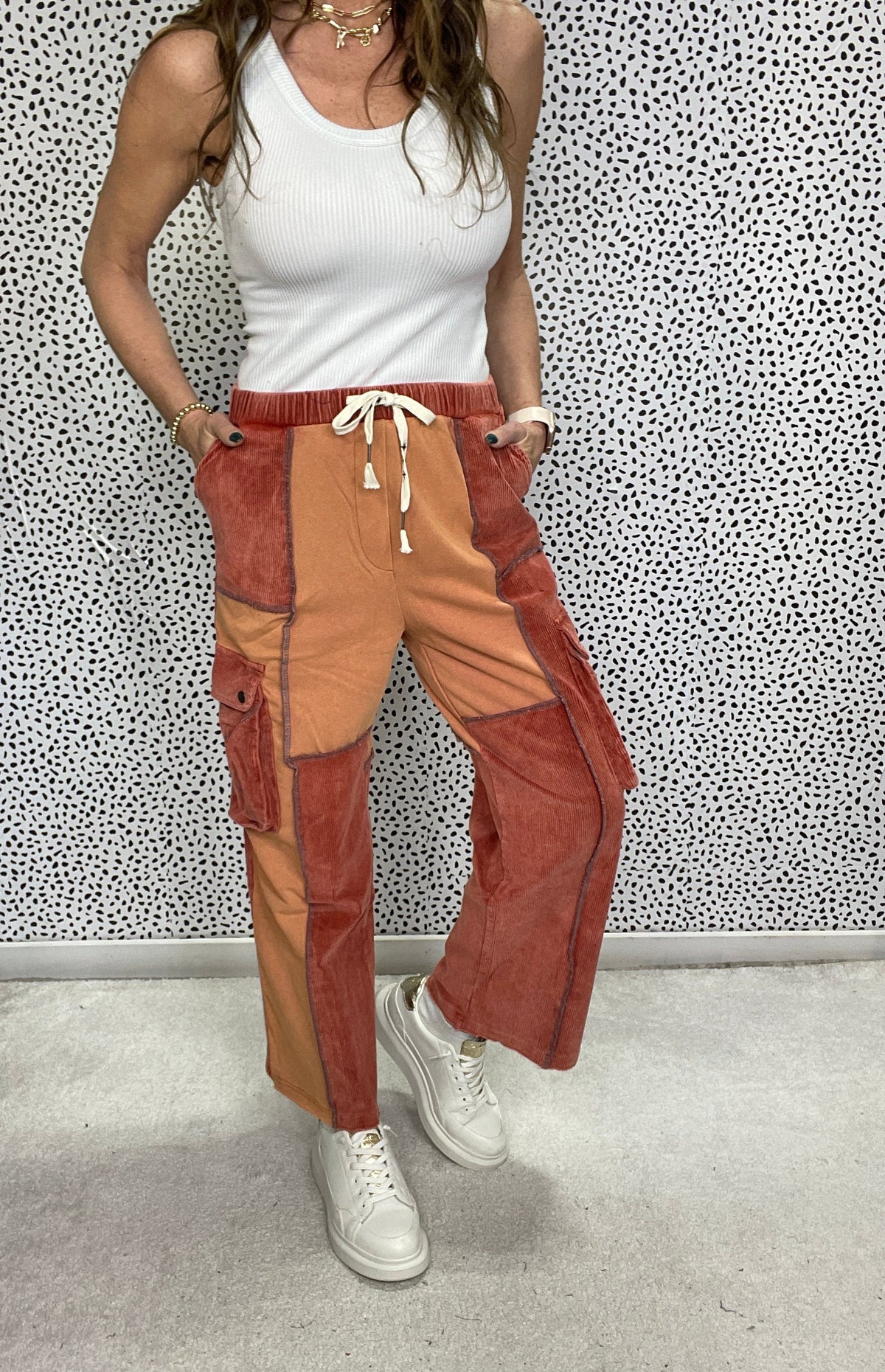 POL Spaced Out Color Block Cargo Pockets Pants In Brick *Final Sale*
