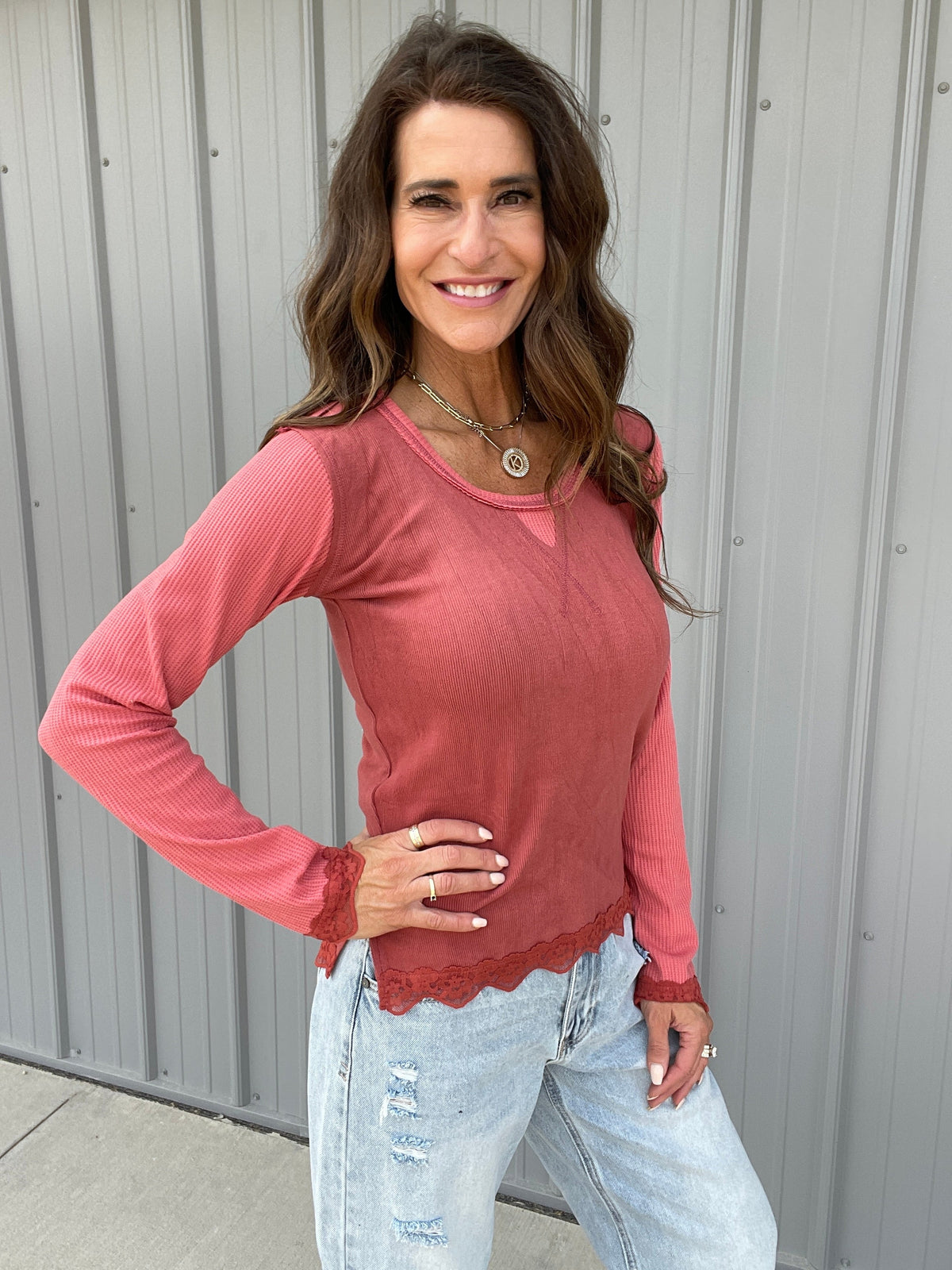 POL Effortless Style Lace Thermal Top In 4 Colors: Charcoal, Mauve, Red, Cream *Final Sale*