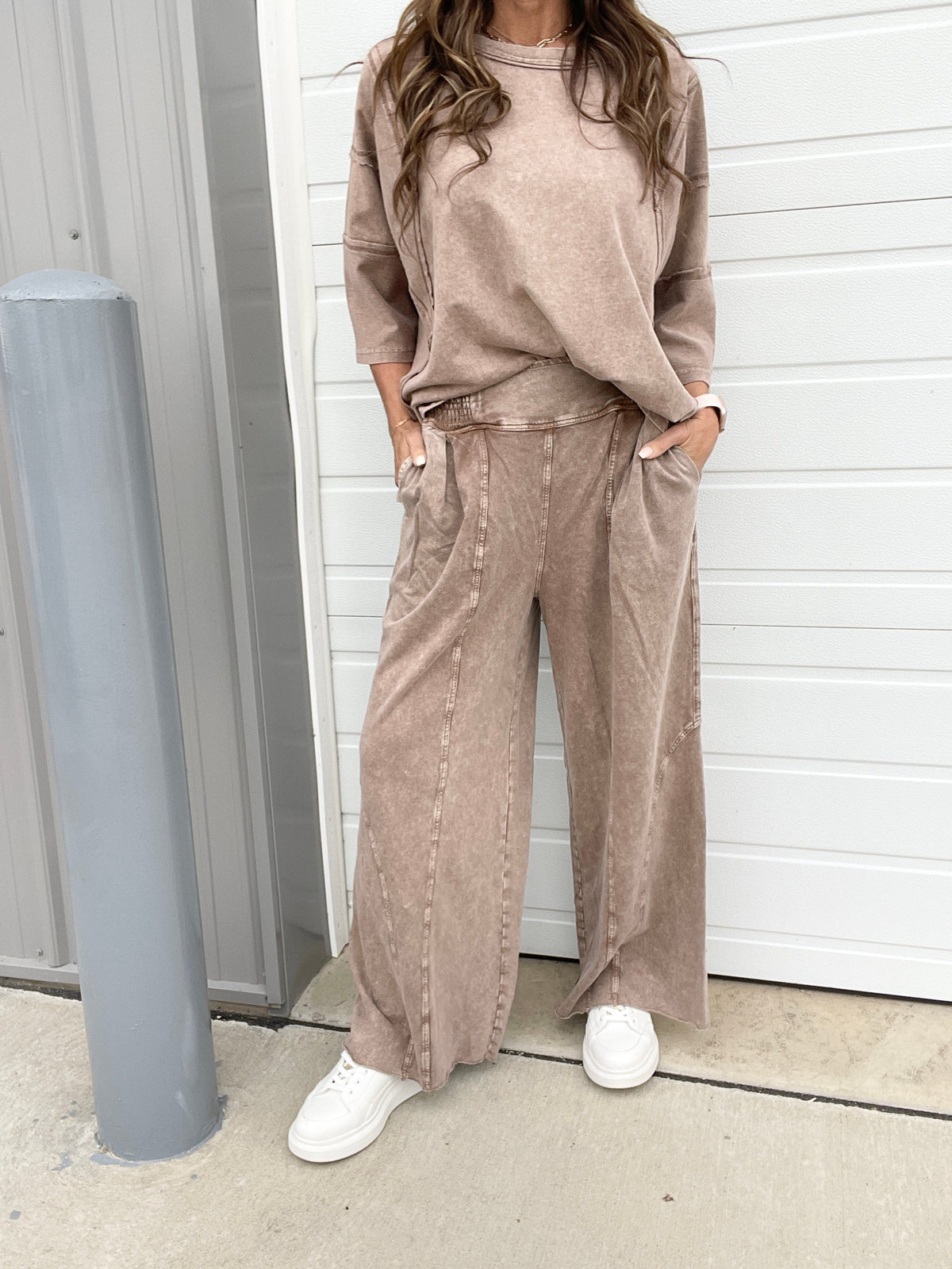 To The Top Mineral Washed Full Length Pants In 3 Colors: Black, Mocha, Green
