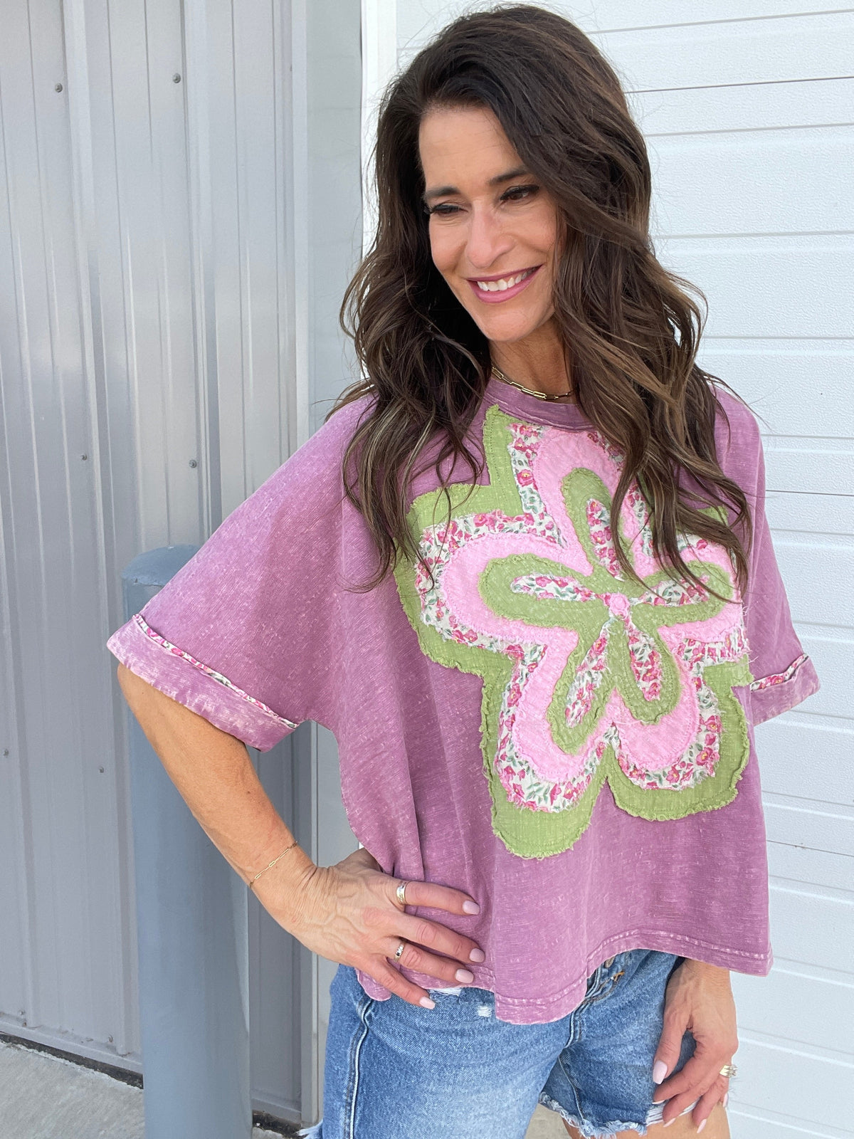 Bloom With Love Flower Patch Top In 6 Colors: Cream, Khaki, Slate, Magenta, Green, Pink *Final Sale*