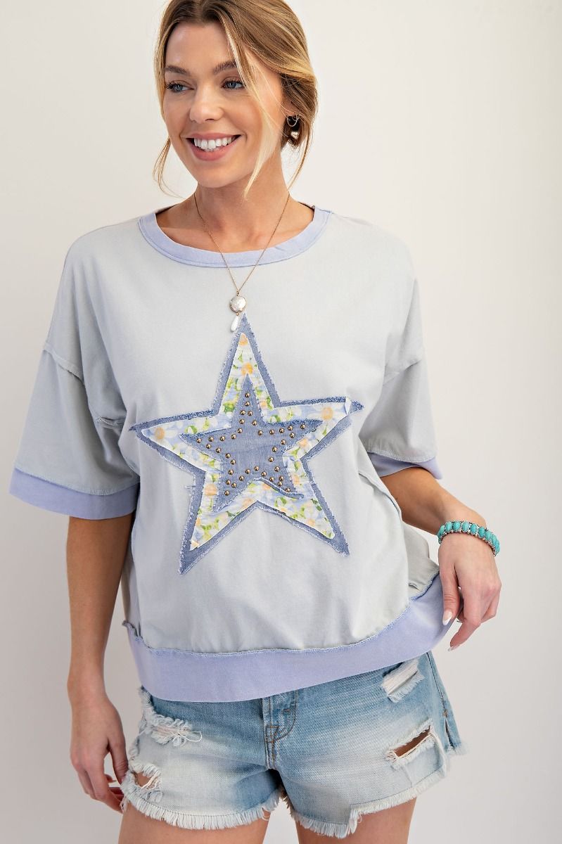 Star Studded Mineral Wash Knit Top In Blue *Final Sale*