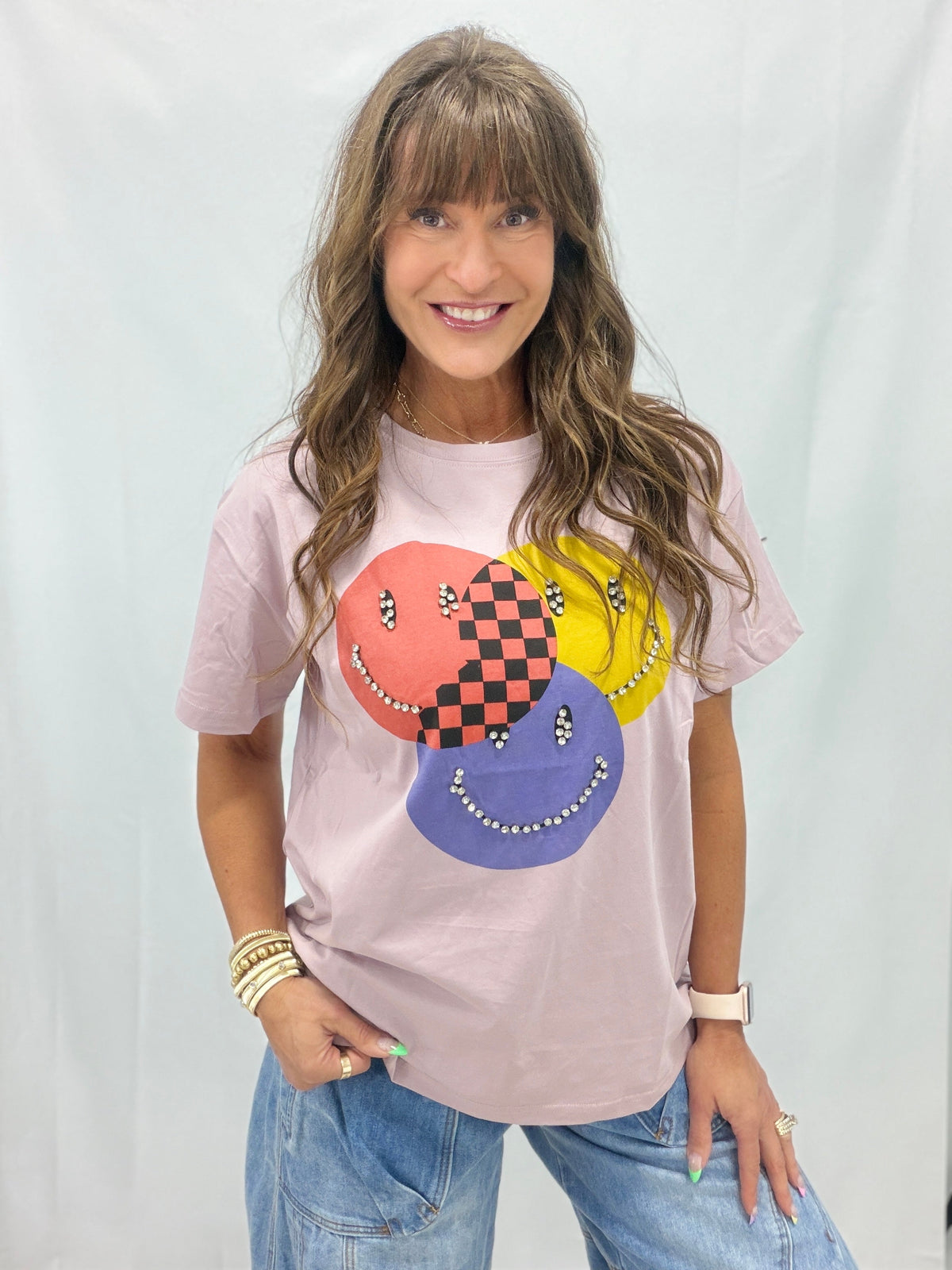 Meet Me Halfway Besazzled Smiley Face Top In Mauve