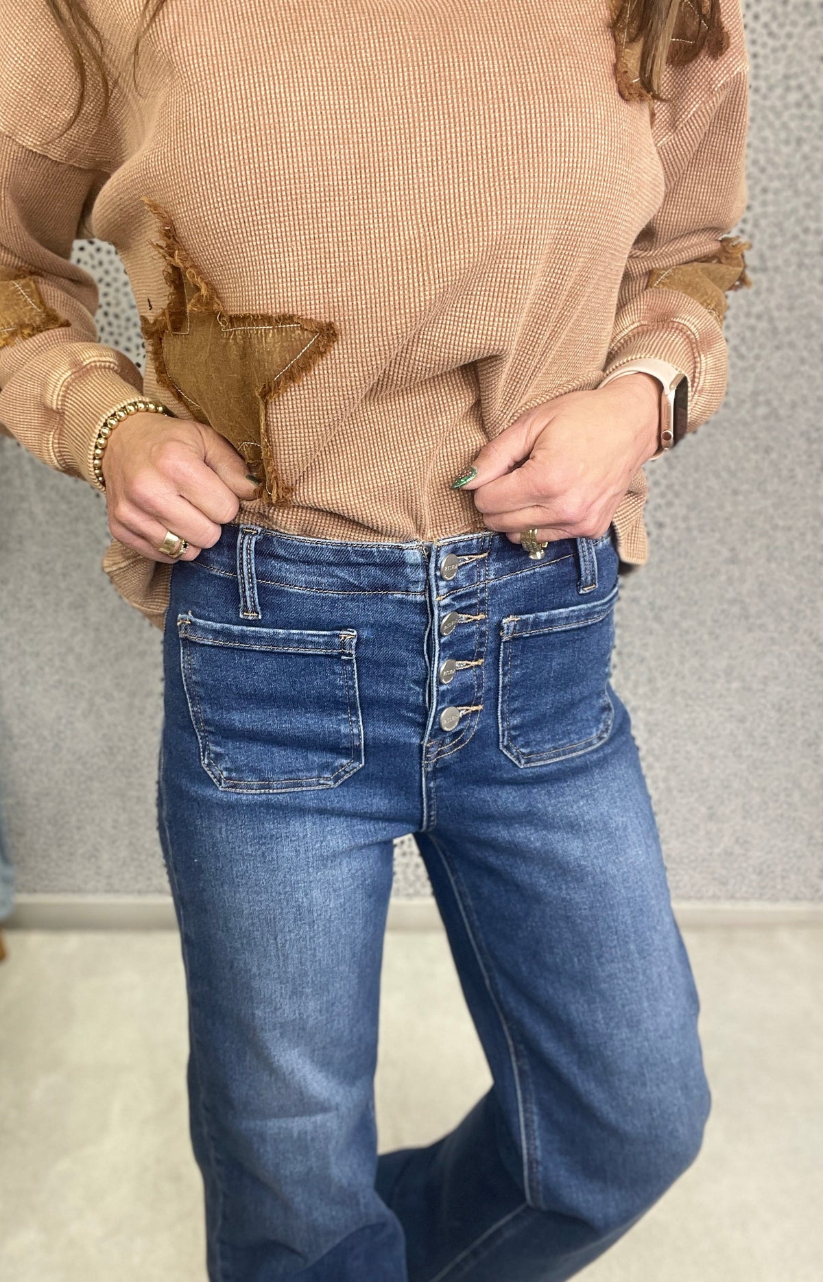 Risen Cindy High Rise Wide Bottom Button Down Front Patch Pocket Cuffed Jeans 965