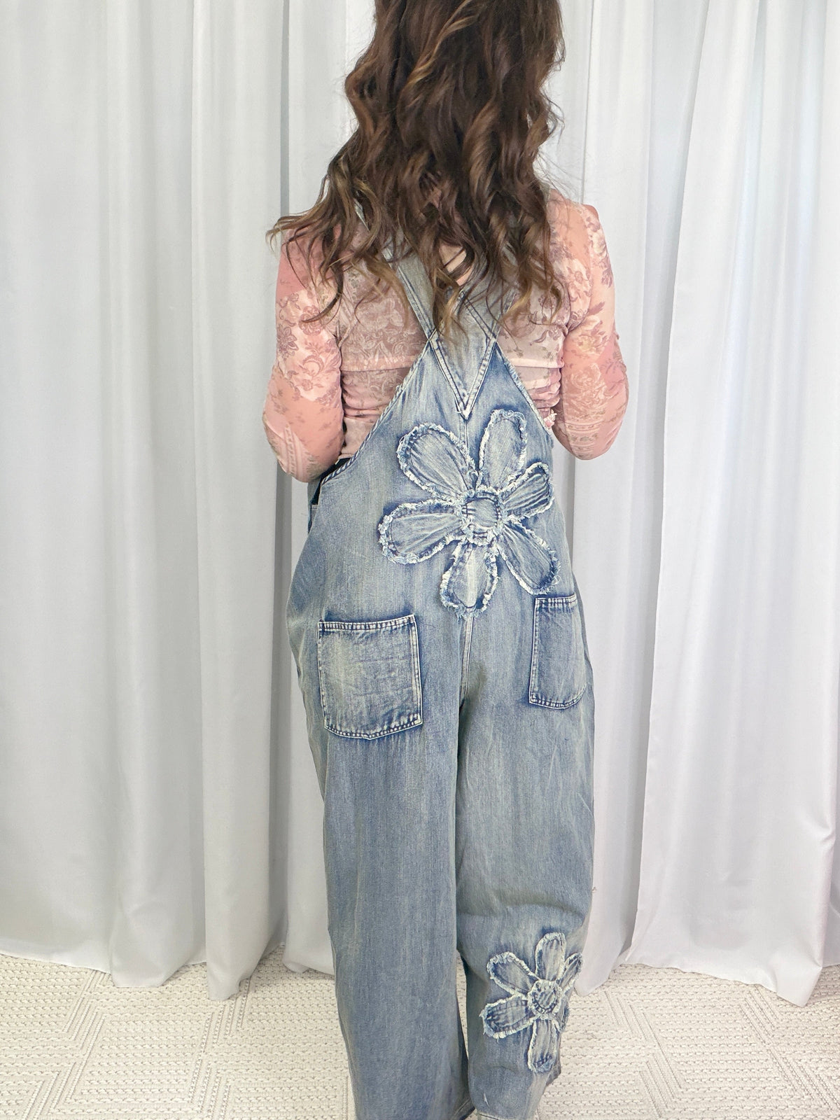 Flower Patchwork Overalls In Denim