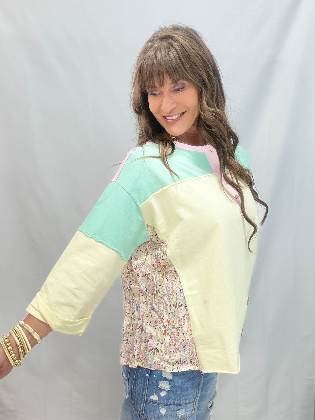 Boho Bliss Print Mix Color Block Terry Knit Henley In 3 Colors