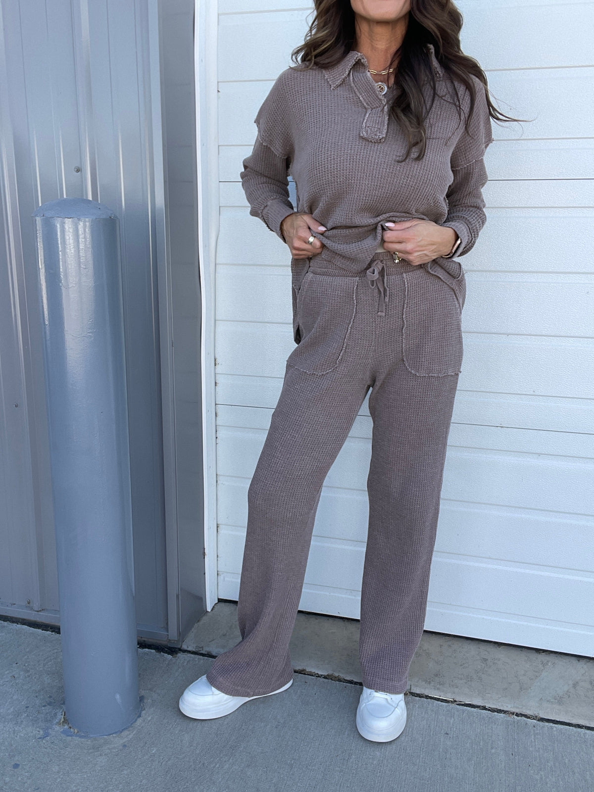 On To The Weekend Cotton Waffle Knit Straight Leg Casual Pants In 3 Colors: Black, Brown, Blue