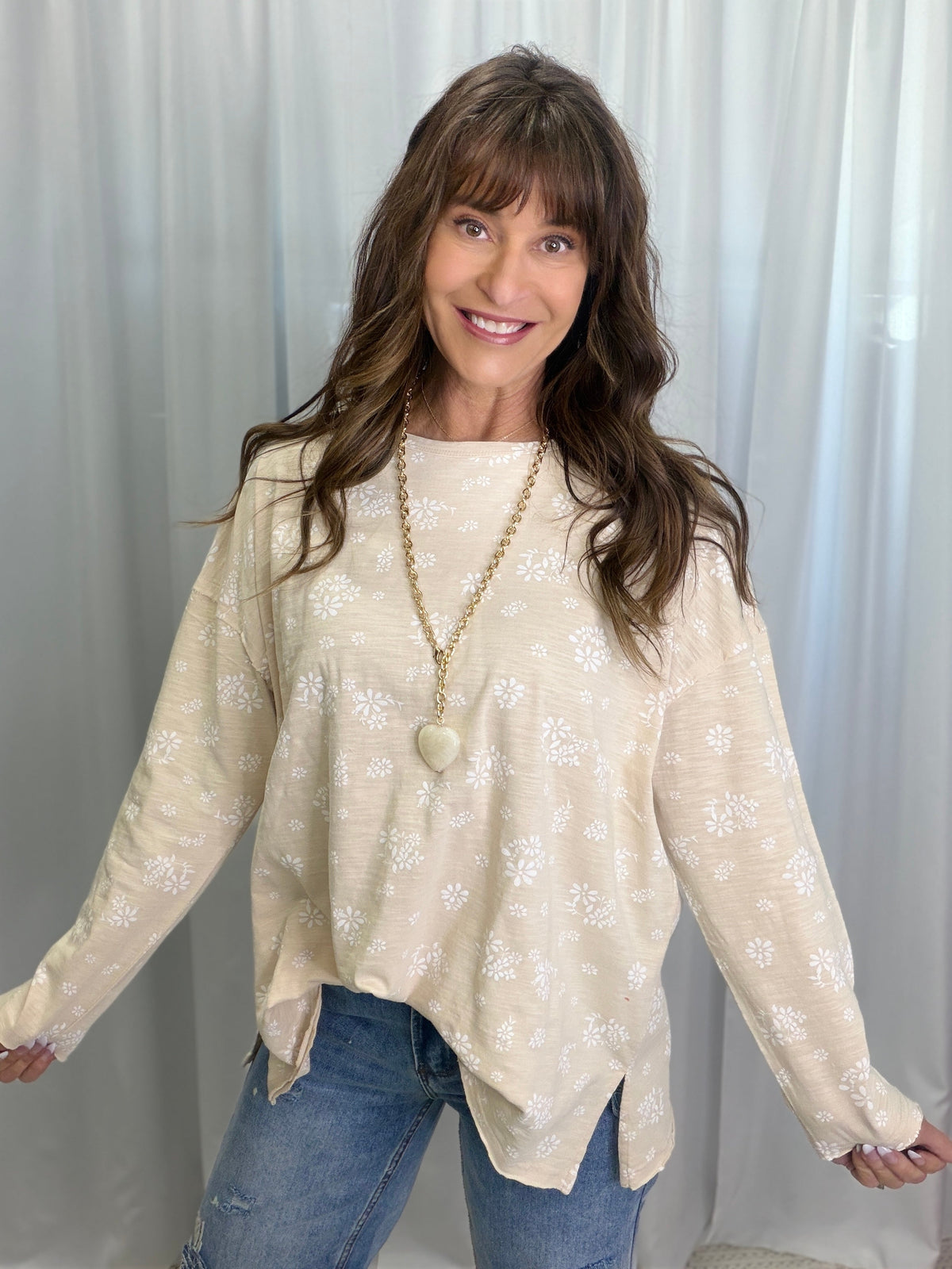 Floral Printed Slub Top In Natural