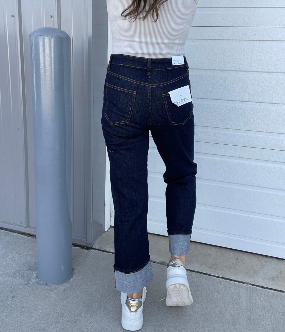 Bayeas Ashley Dark Blue Denim Non Distress High Rise Straight Leg with Rolled Hem 182