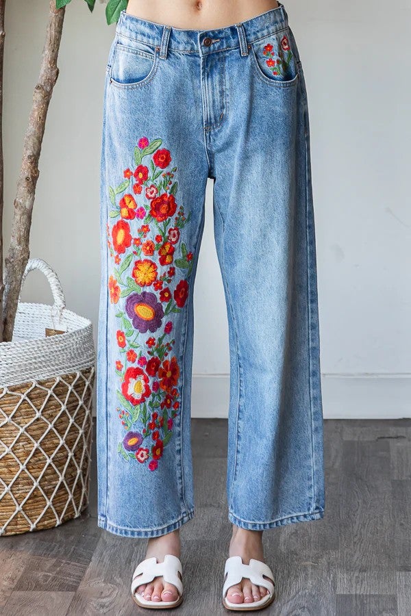 Oli & Hali Rachelle Washed Flower Embroidered Jeans 001 In Denim *Final Sale*