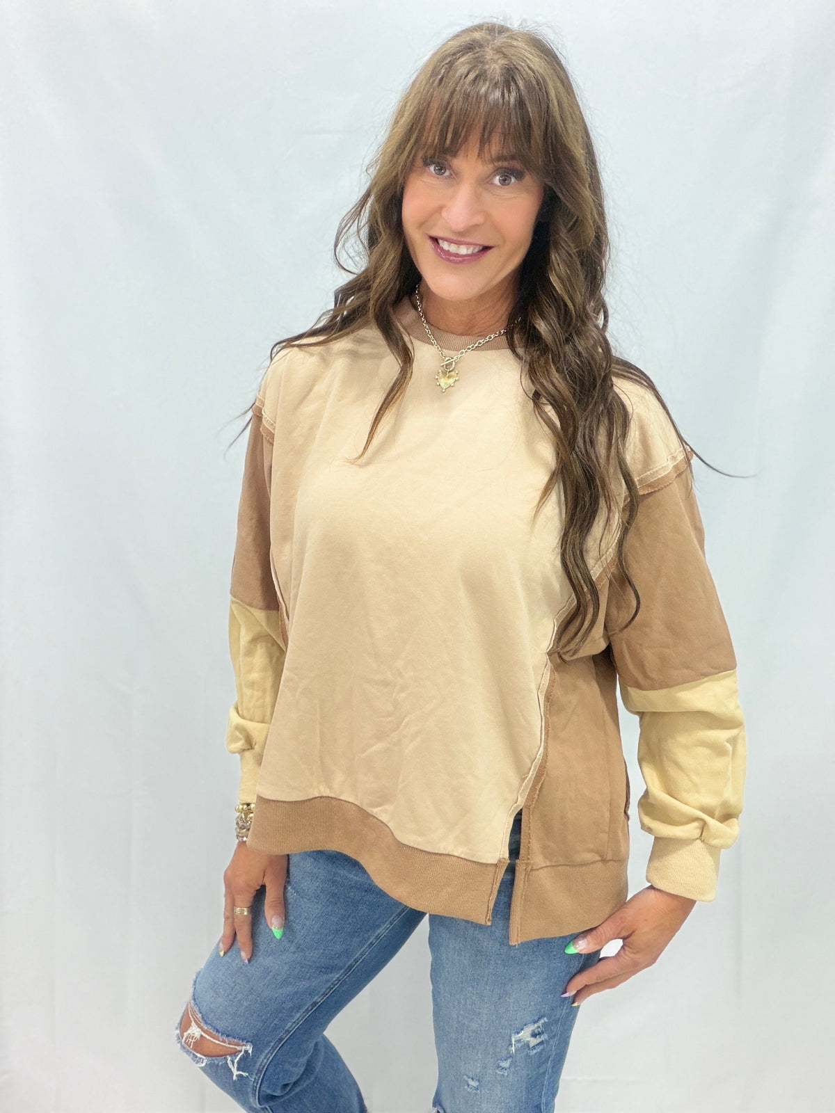 Vintage Wash Color Block Pullover In 2 Colors