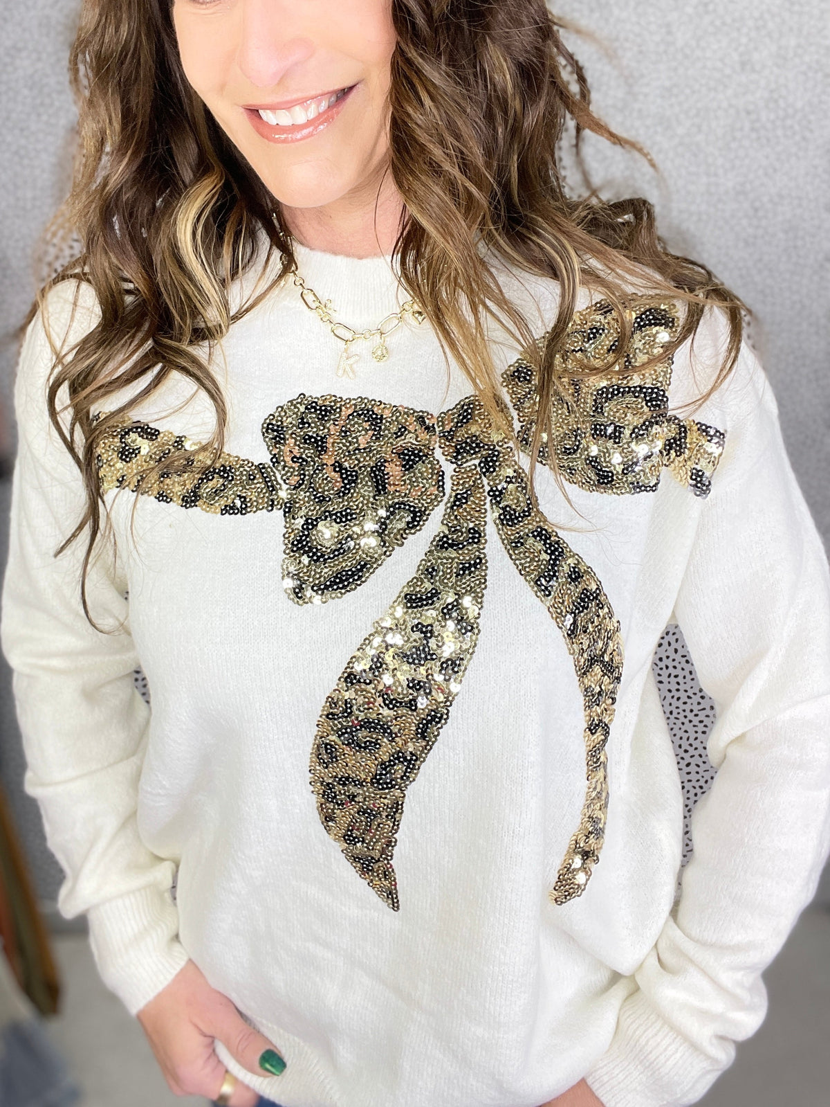 Put A Bow On It Animal Print Sequin Bow Sweater In 3 Colors
