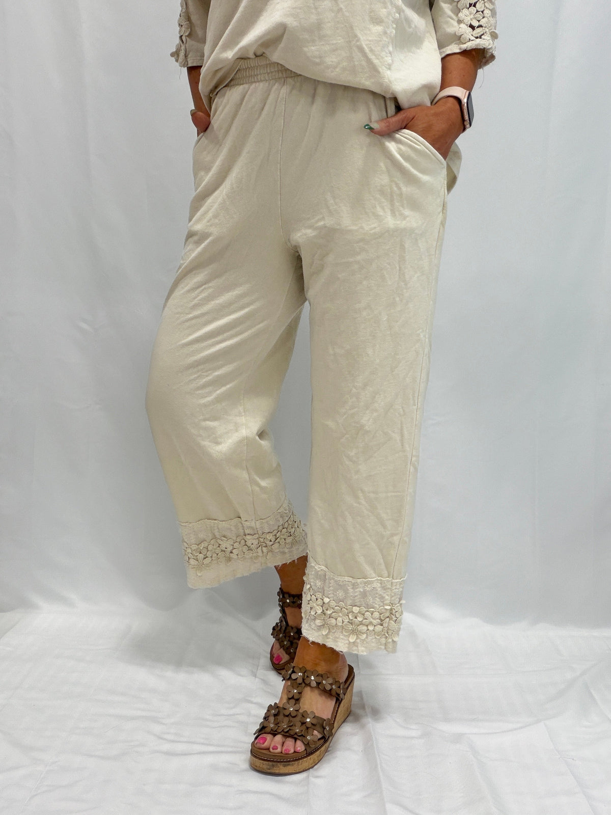 Petal Pusher Mineral Washed Floral Trim Lounge Pants in 3 Colors