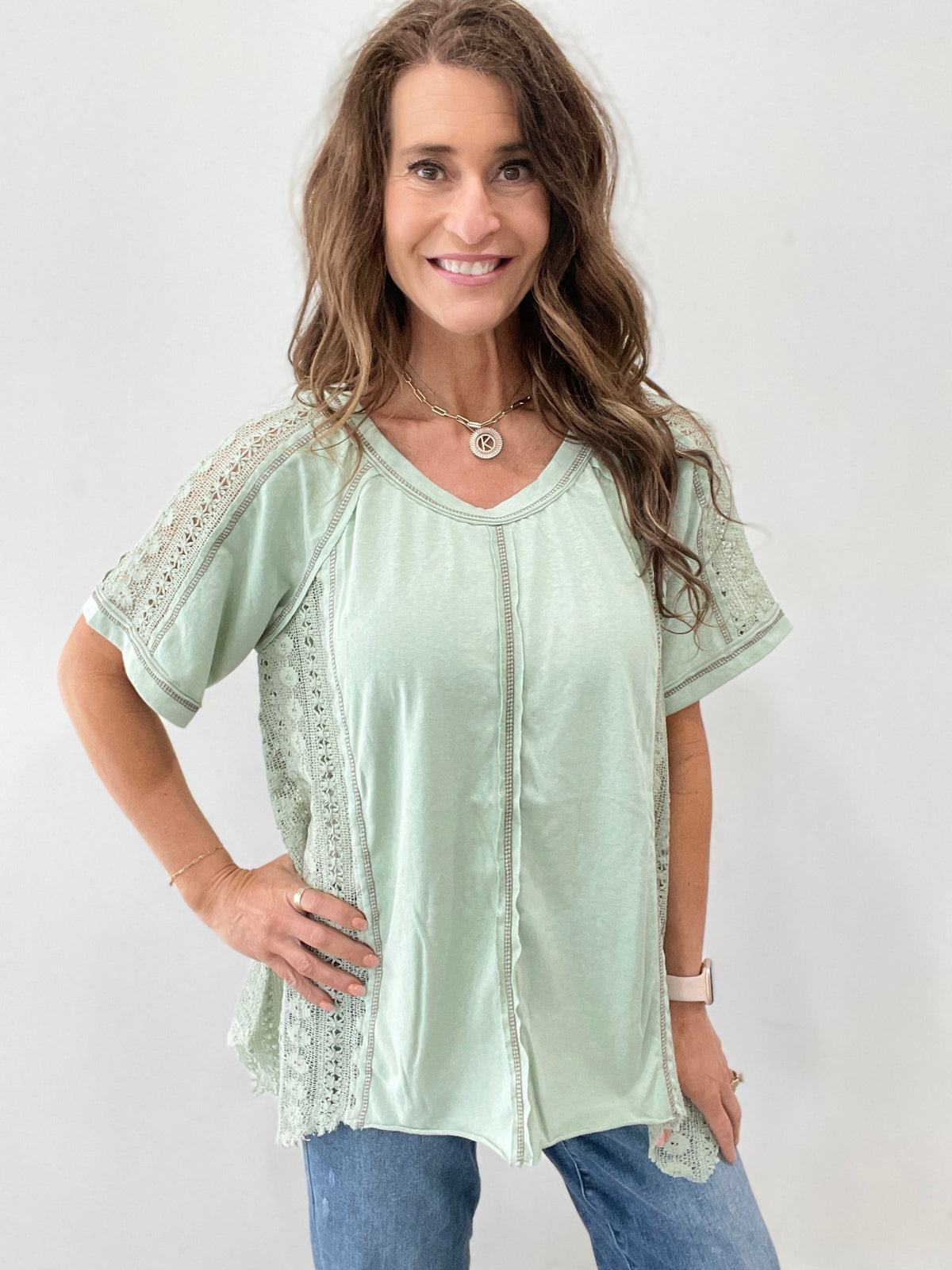 Pol Loose And Lacy Short Sleeve Top In 2 Colors: Black, Green *Final Sale*