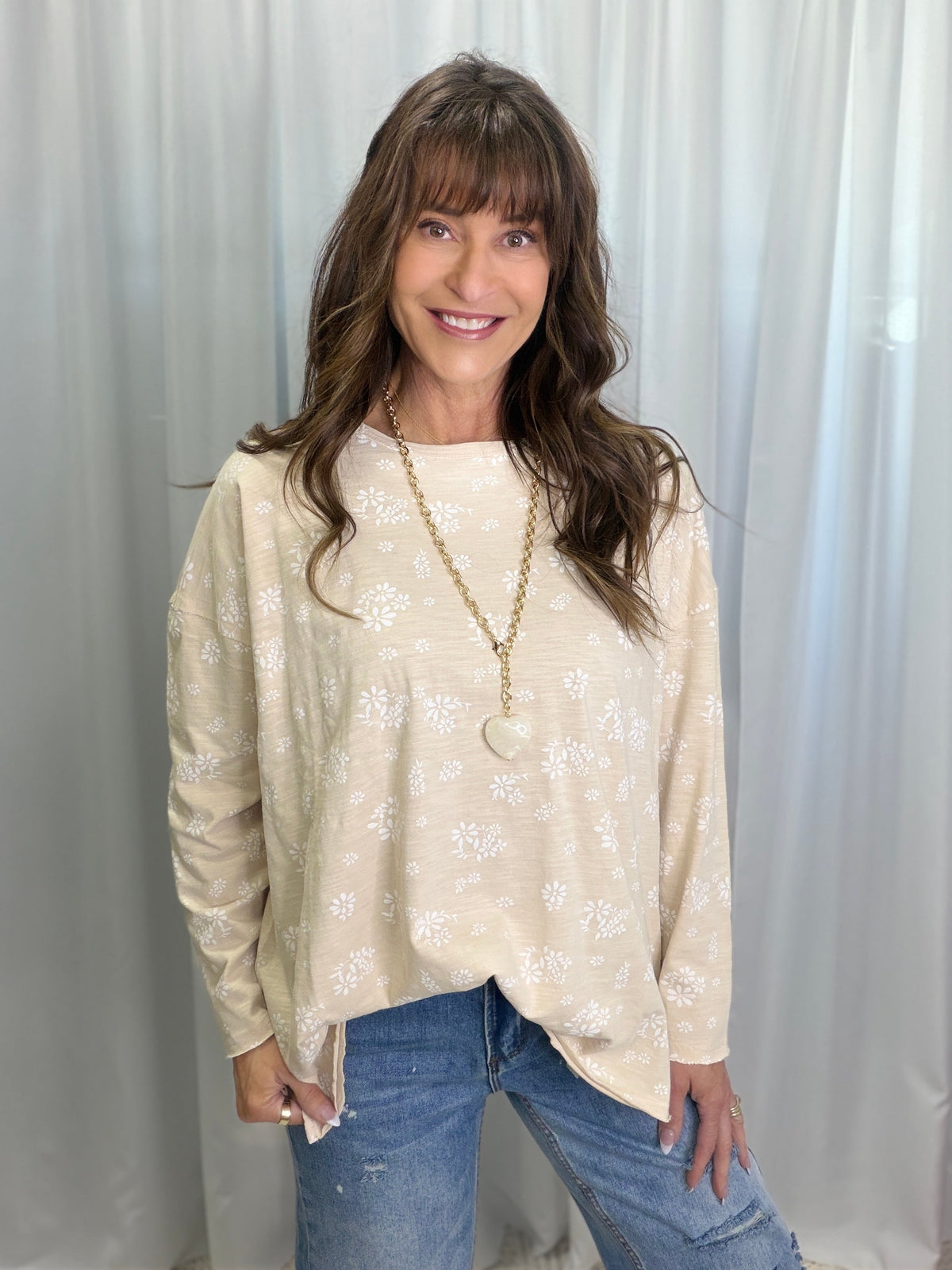 Floral Printed Slub Top In Natural
