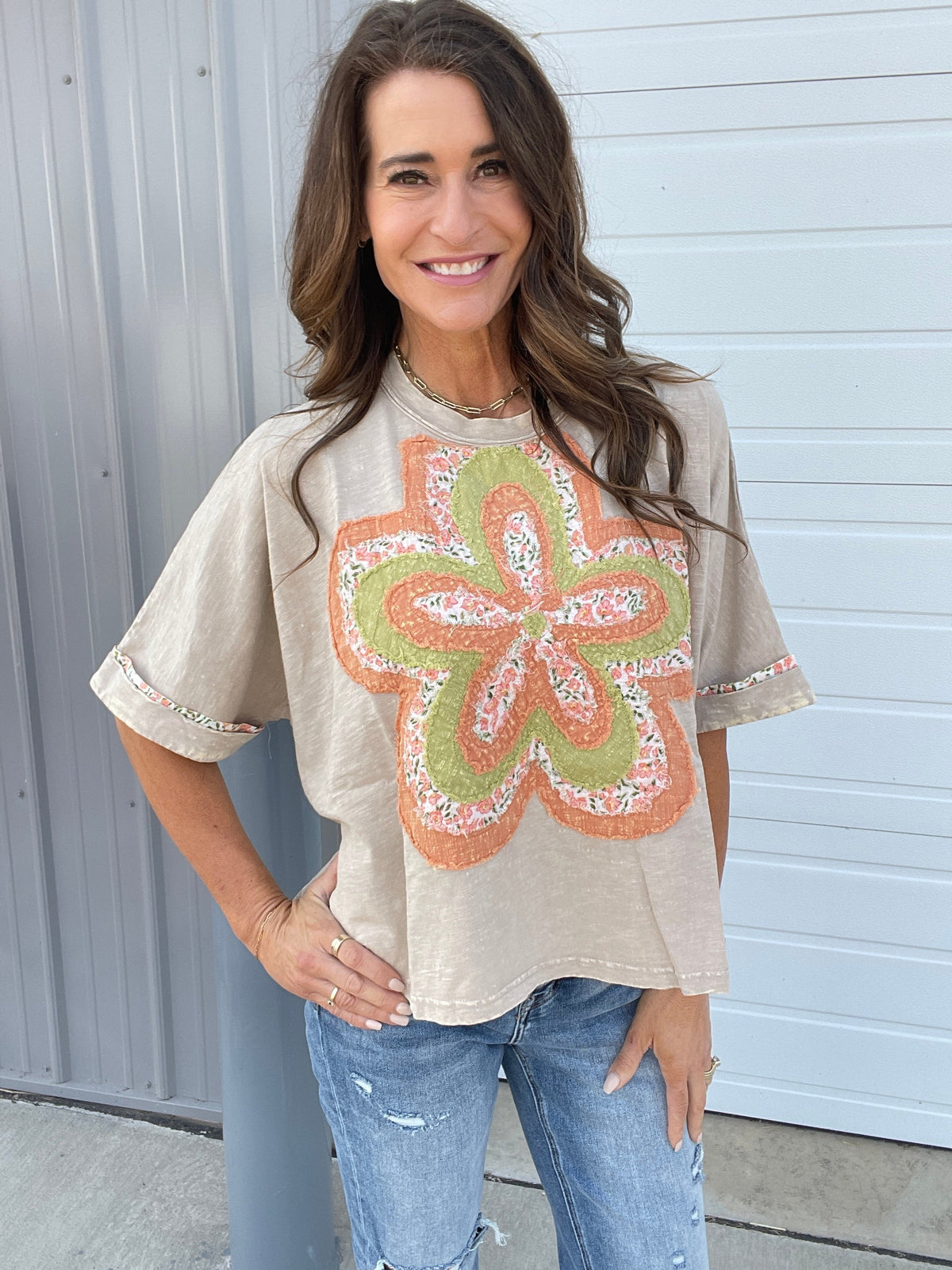 Bloom With Love Flower Patch Top In 6 Colors: Cream, Khaki, Slate, Magenta, Green, Pink *Final Sale*