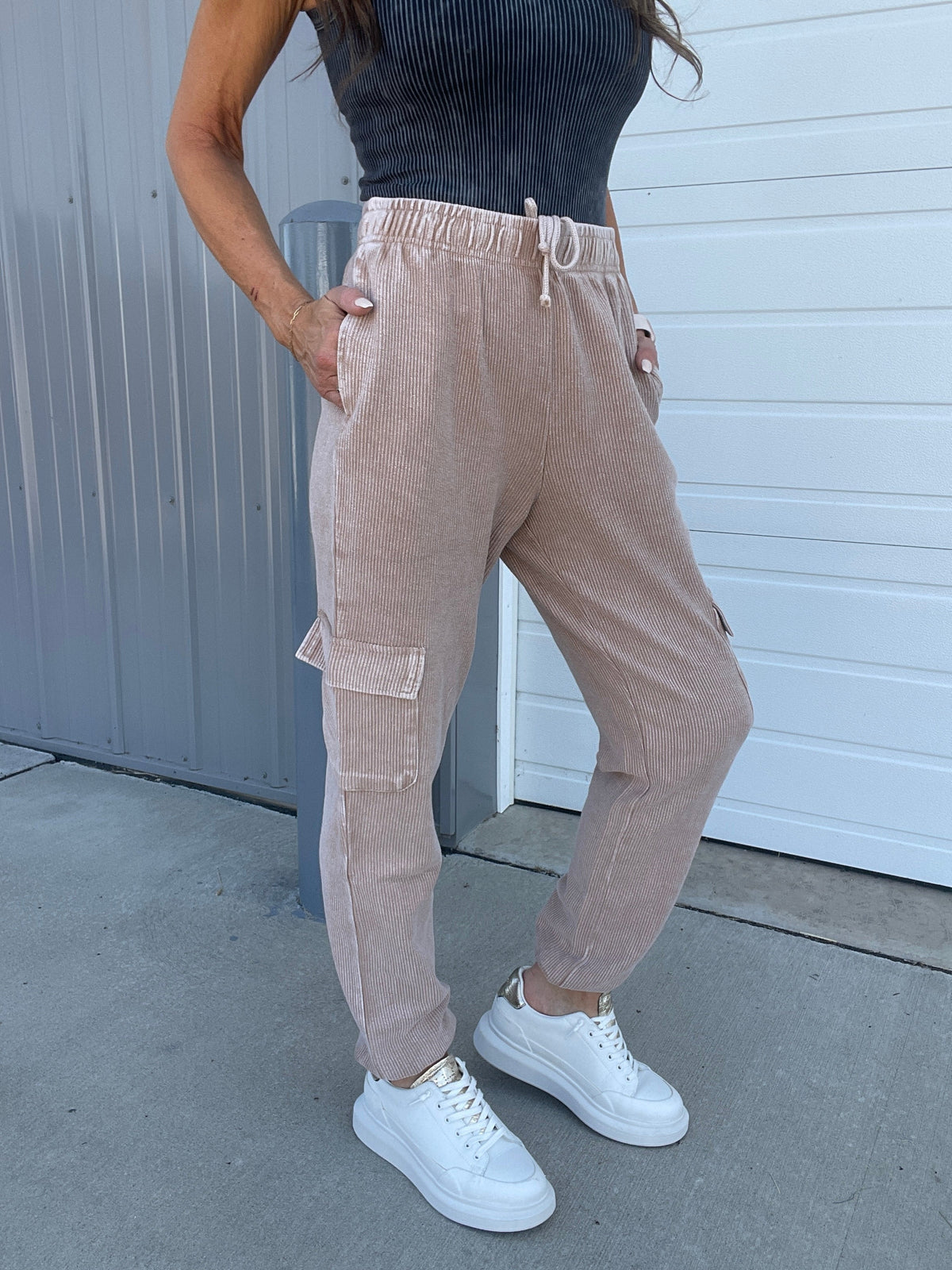 Corded Snow Washed Relaxed Jogger In 3 Colors: Black, Light Mocha, Light Purple