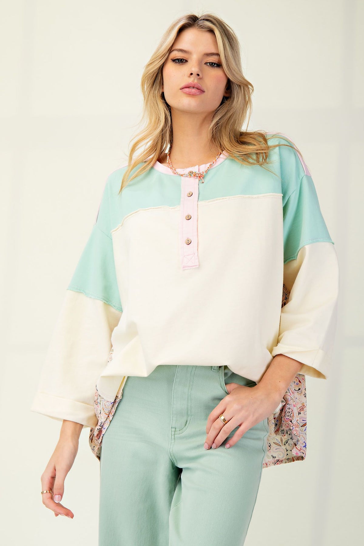 Boho Bliss Print Mix Color Block Terry Knit Henley In 3 Colors