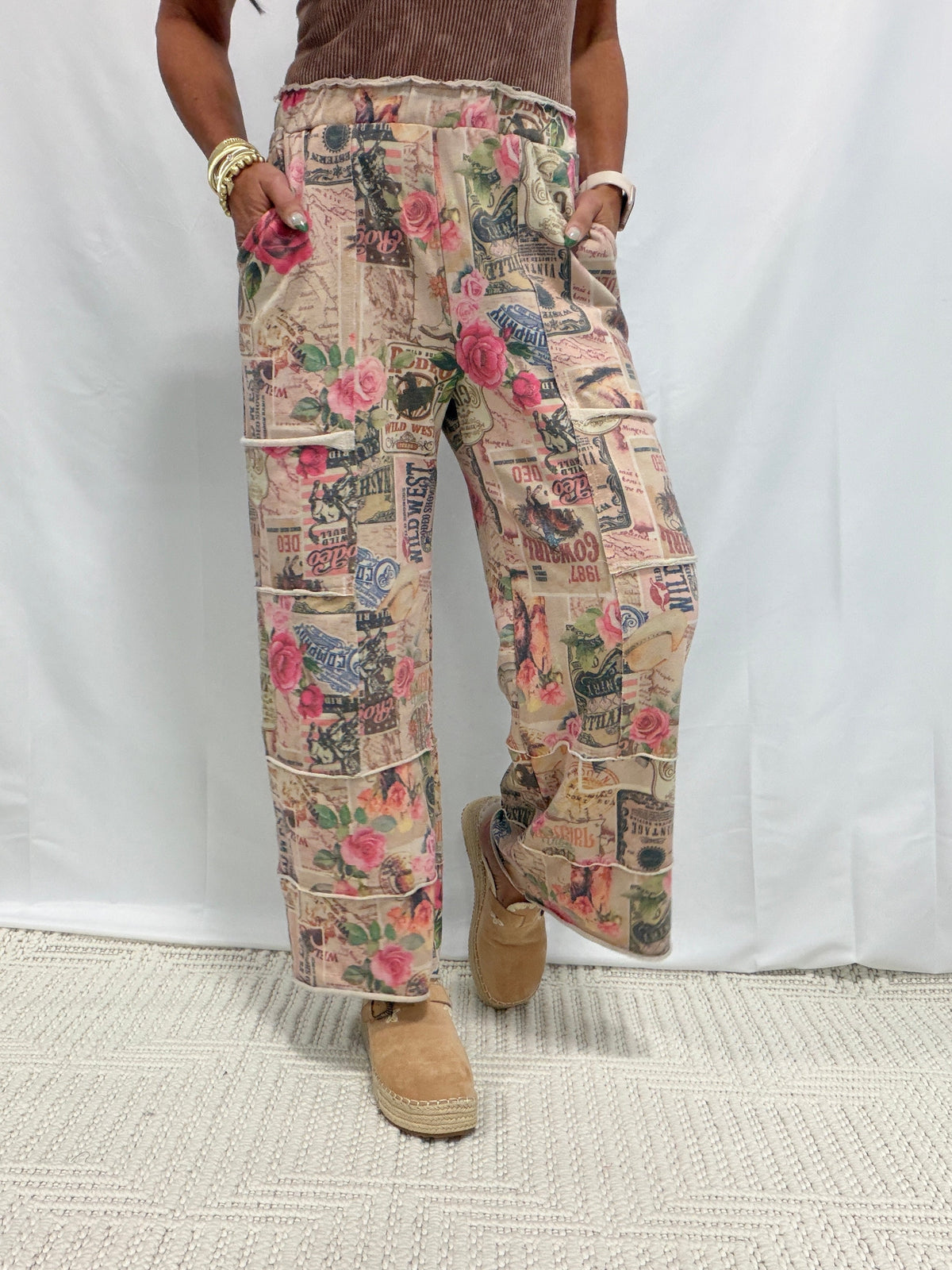 In The Wild West Vintage-Inspired Collage Lounge Pants In Taupe Multi
