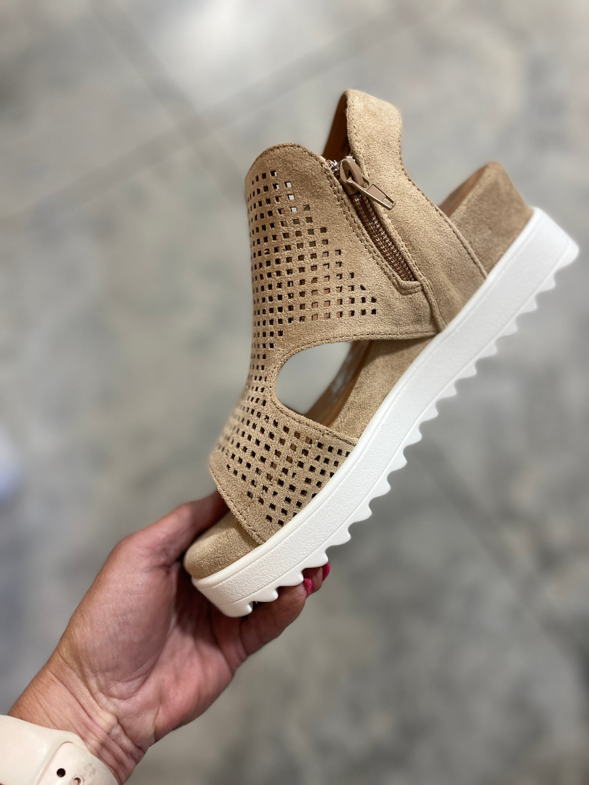 Very G Urban Edge Faux Suede Perforated Sandals In Sand *Final Sale*