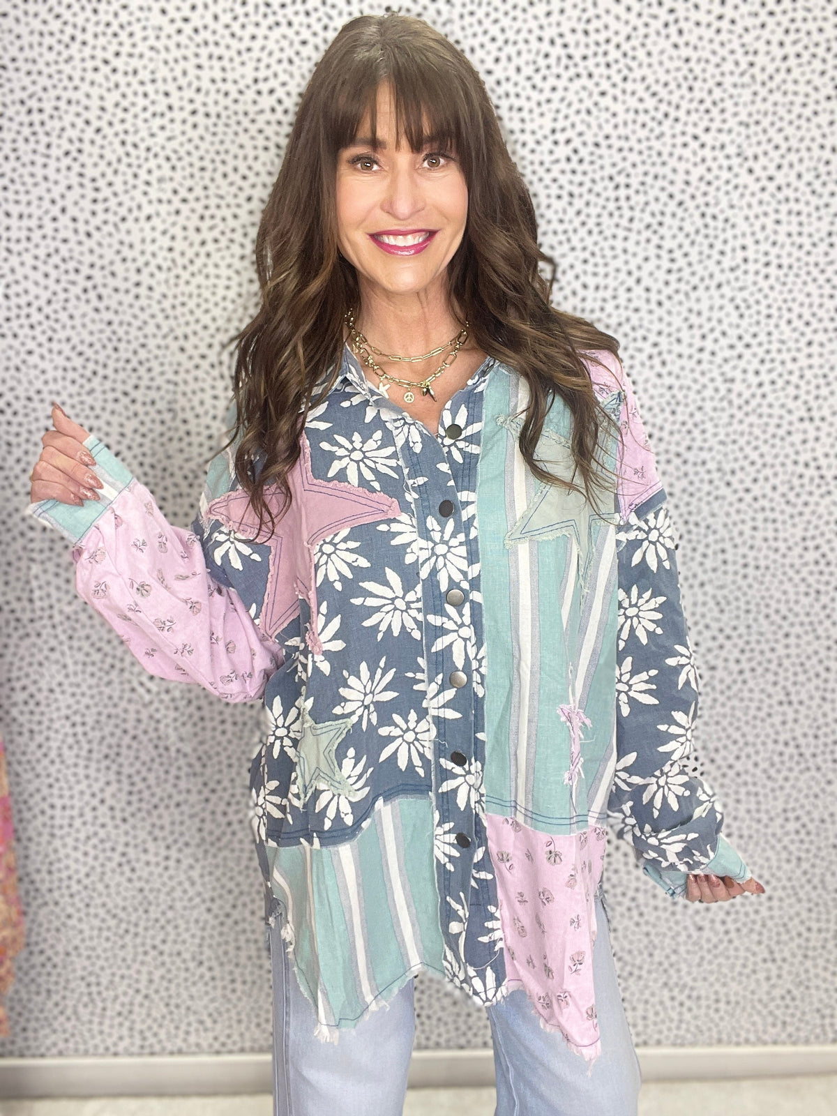 Lights, Camera, Action Star Patch Button Down Top In Denim *Final Sale*