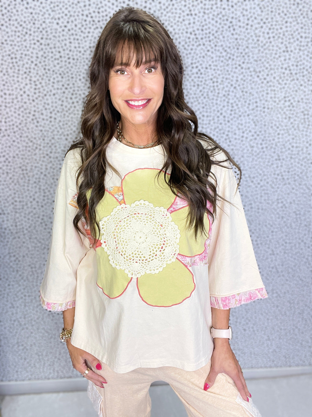 Patchwork Petal Half Sleeve Knit Top In 3 Colors