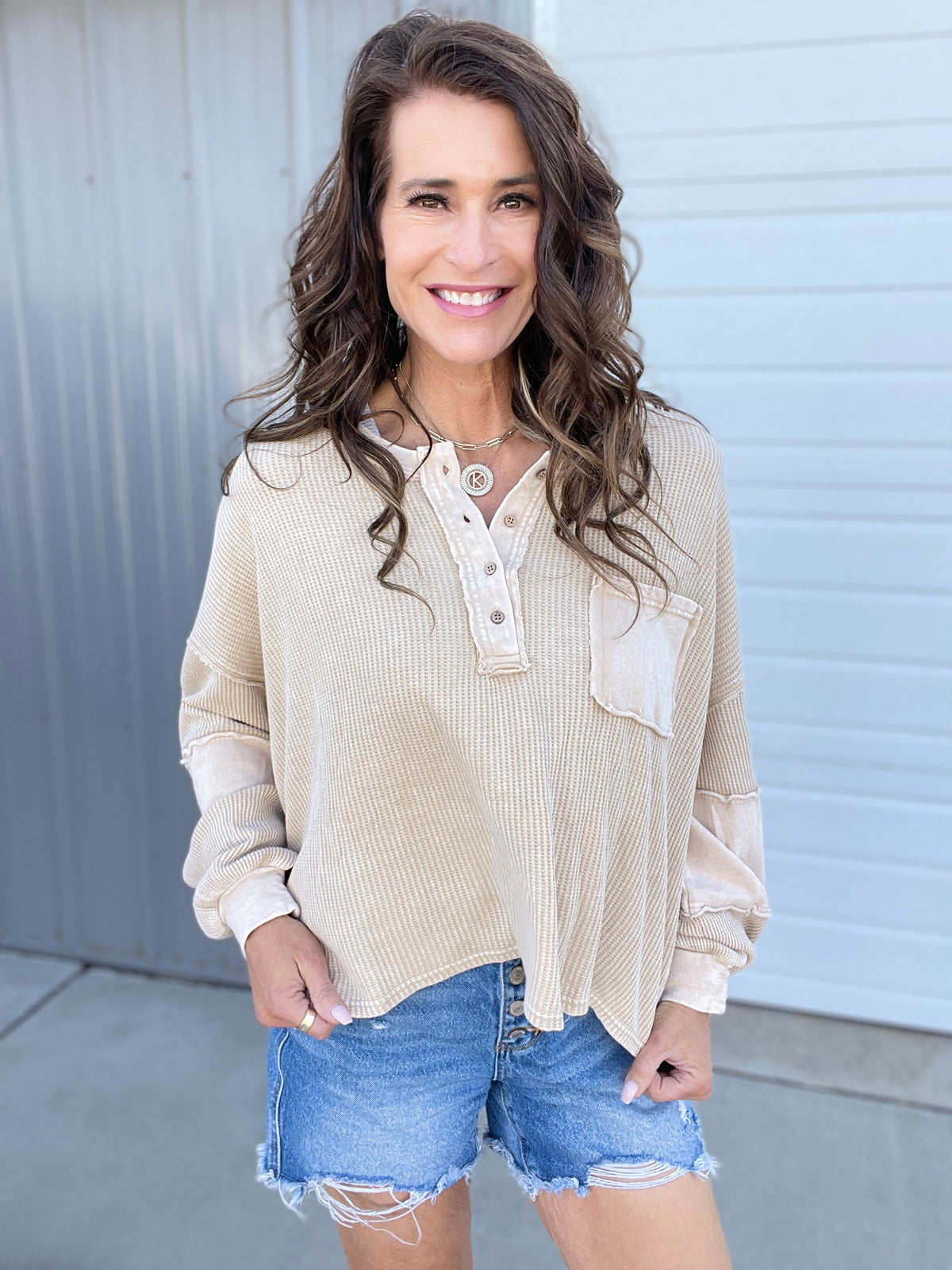 Step Right Up Thermal Mix Top In 3 Colors: Brown, Rose, Khaki *Final Sale*
