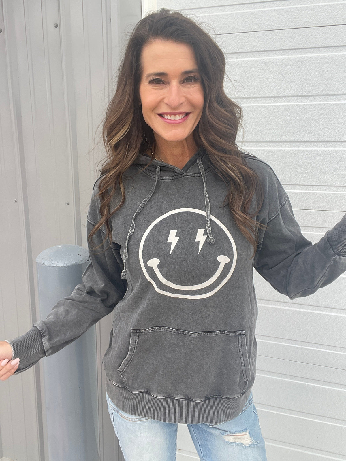 Happy All Around Mineral Washed Hoodie In 4 Colors: Camel, Coral, Smoke, Blue *Final Sale*