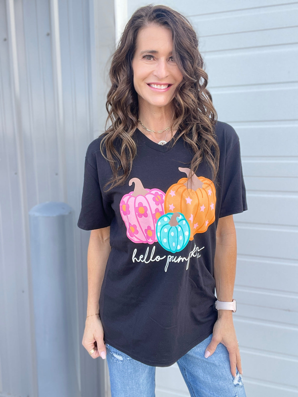 Hello Pumpkin Graphic V Neck Tee Shirt *Final Sale*