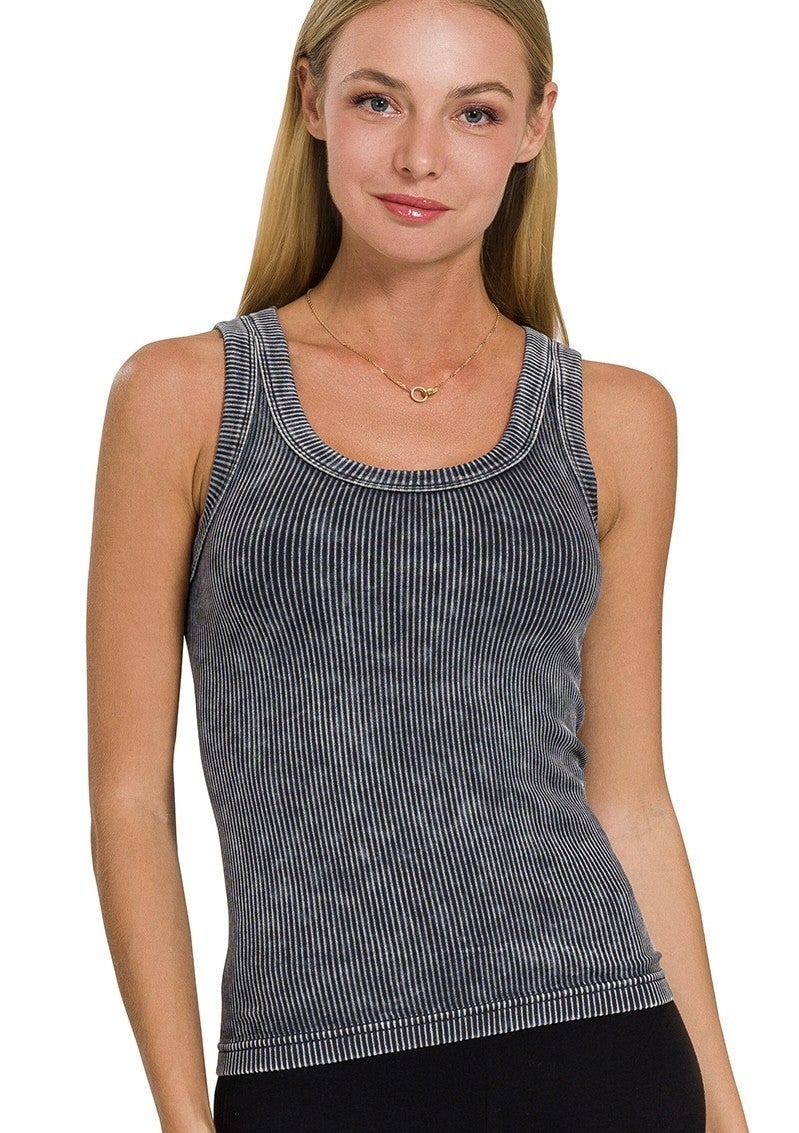 Mineral Wash Ribbed Reversable Tank Top In 5 Neutral Colors